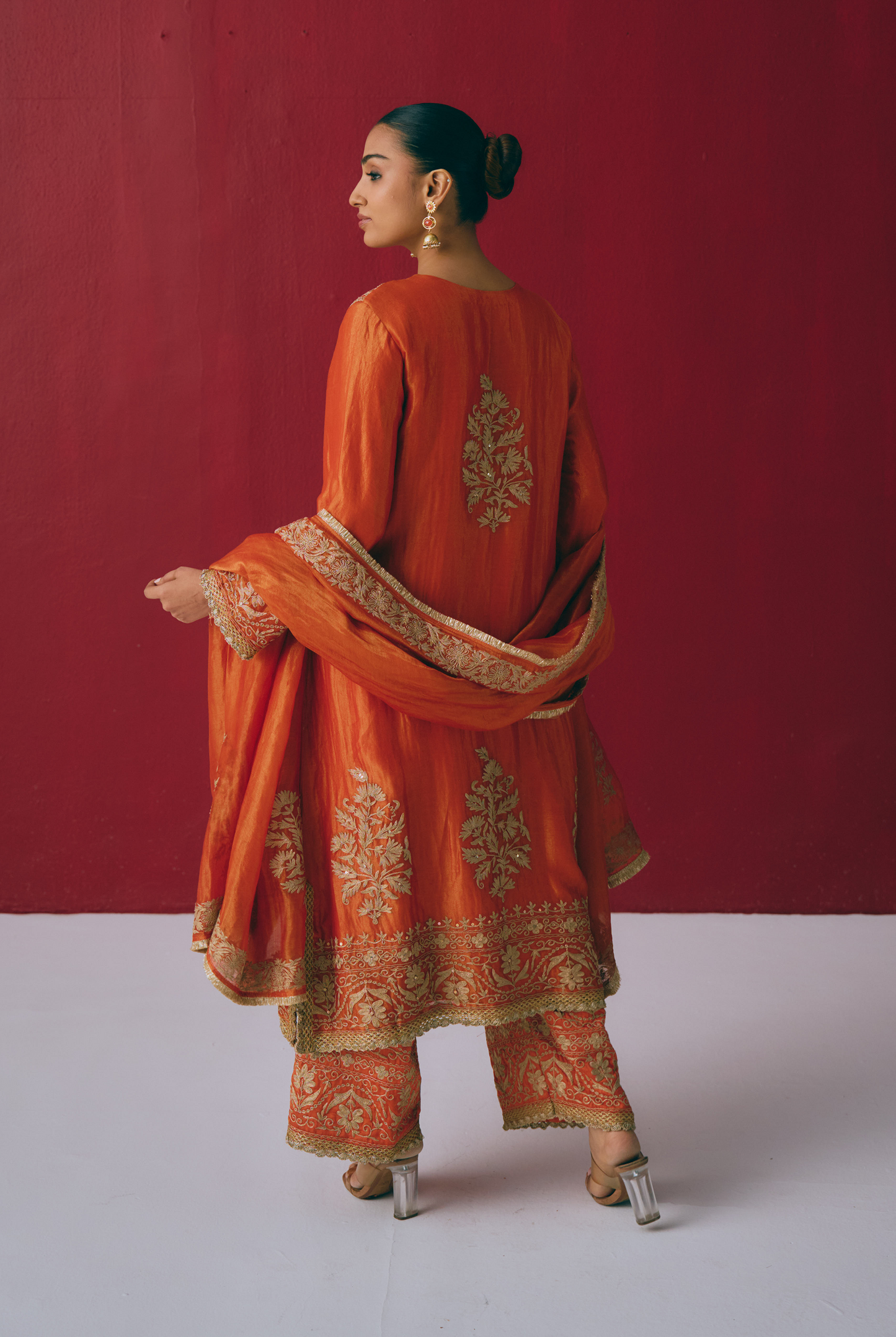 Burnt Orange Tissue Chanderi Kurta Set with Dori & Dabka Embroidery