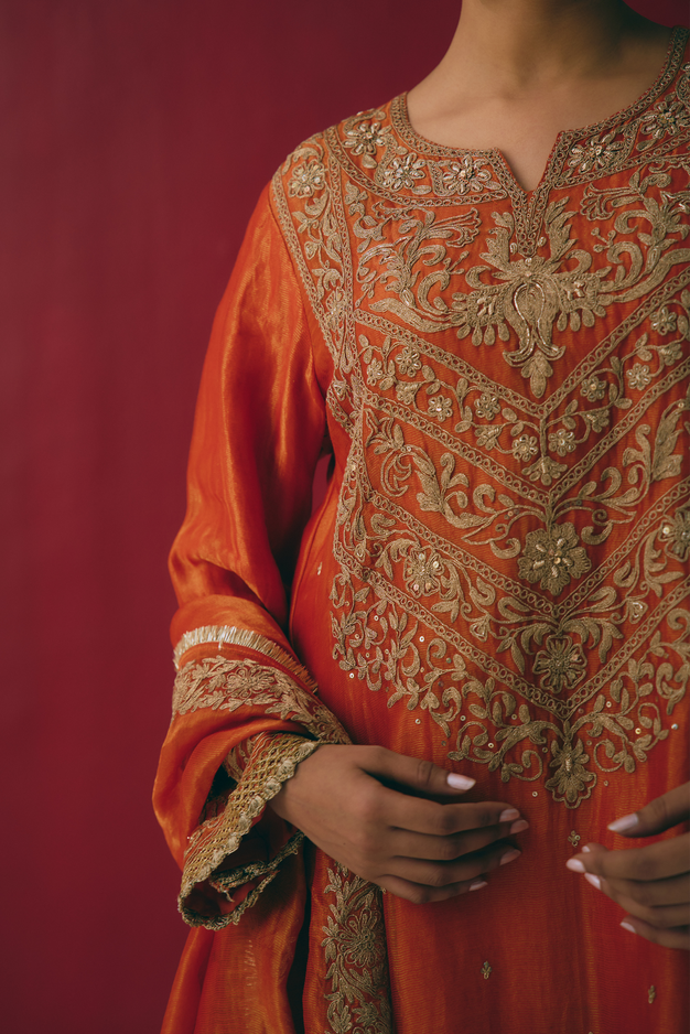 Burnt Orange Tissue Chanderi Kurta Set with Dori & Dabka Embroidery