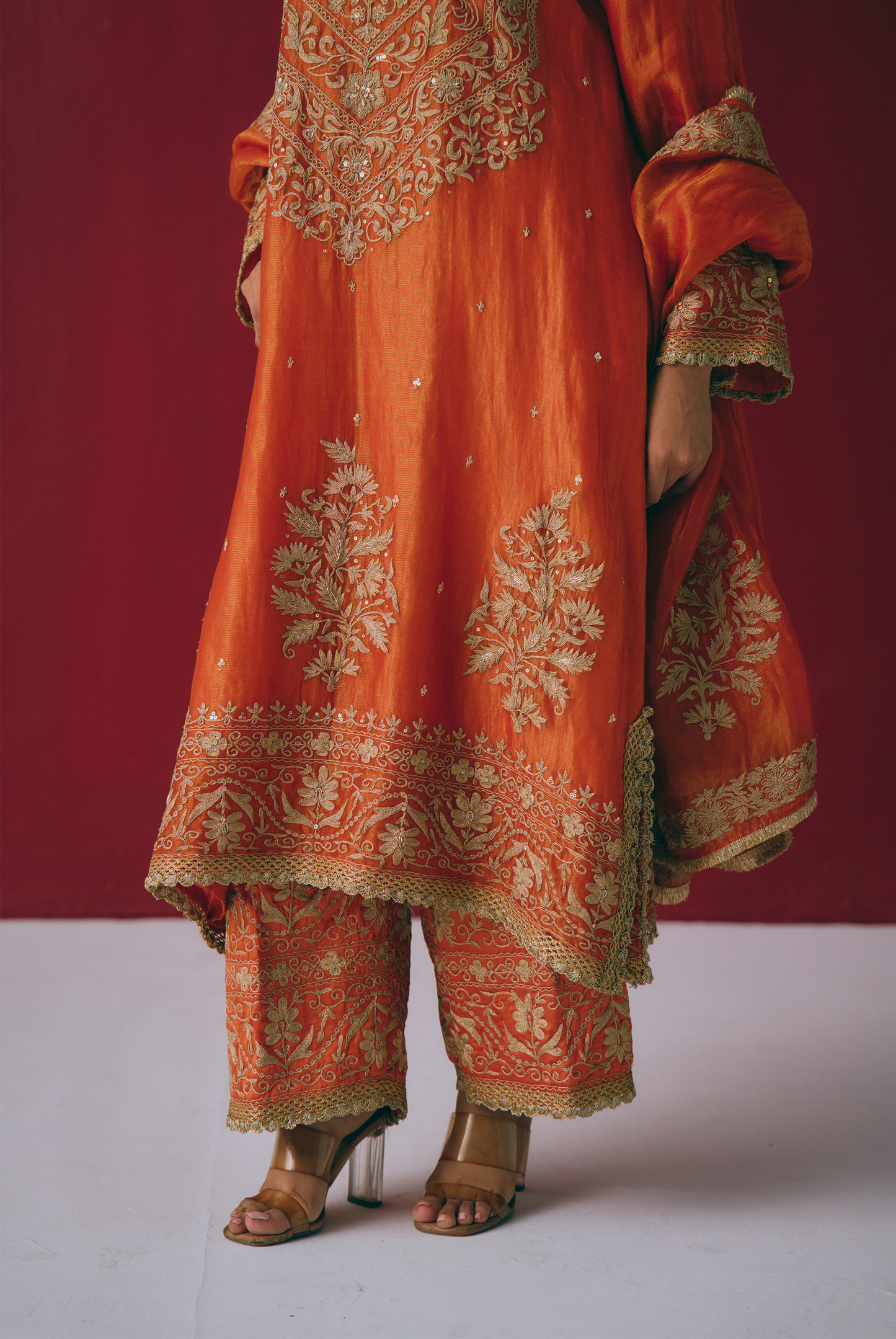 Burnt Orange Tissue Chanderi Kurta Set with Dori & Dabka Embroidery