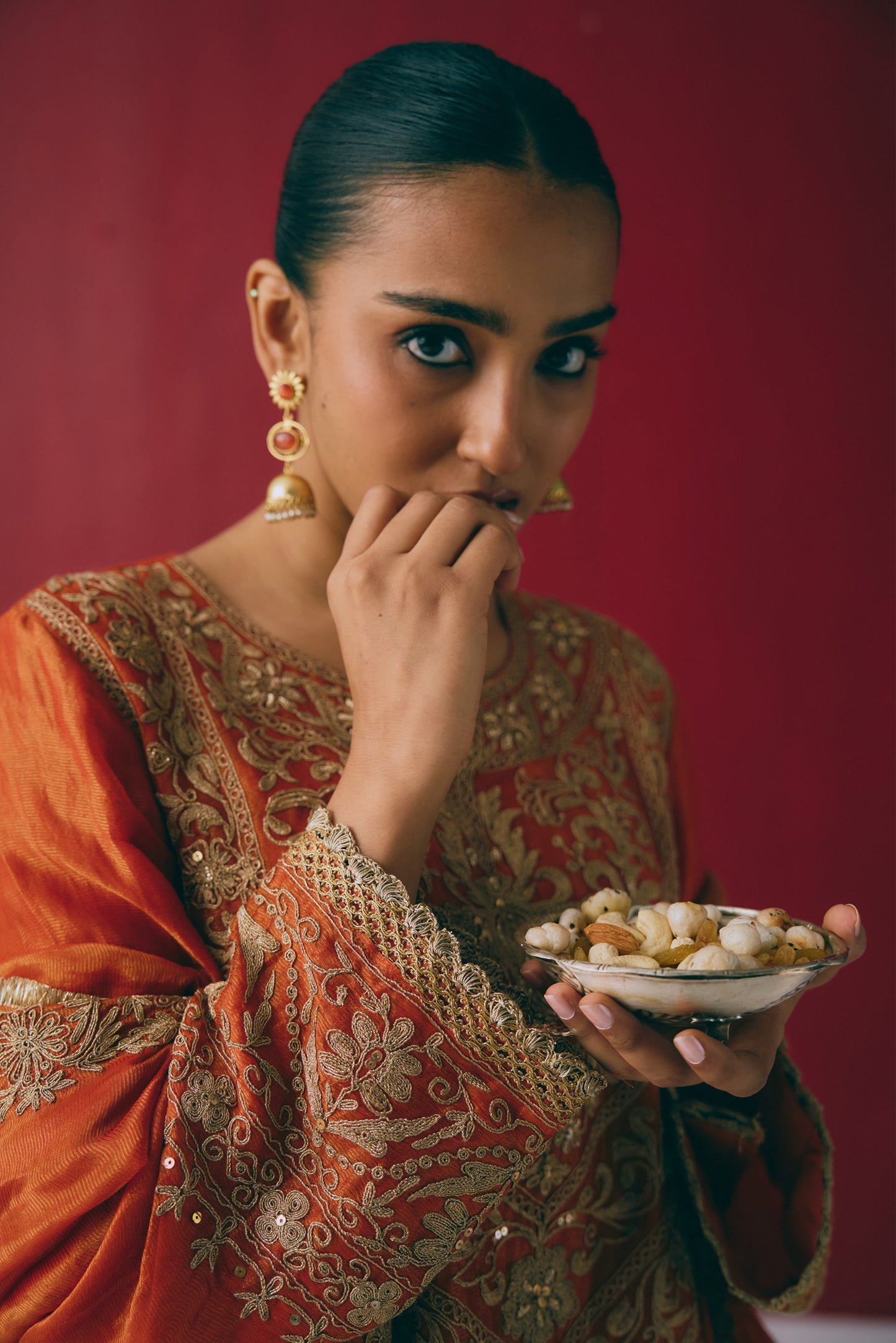 Burnt Orange Tissue Chanderi Kurta Set with Dori & Dabka Embroidery
