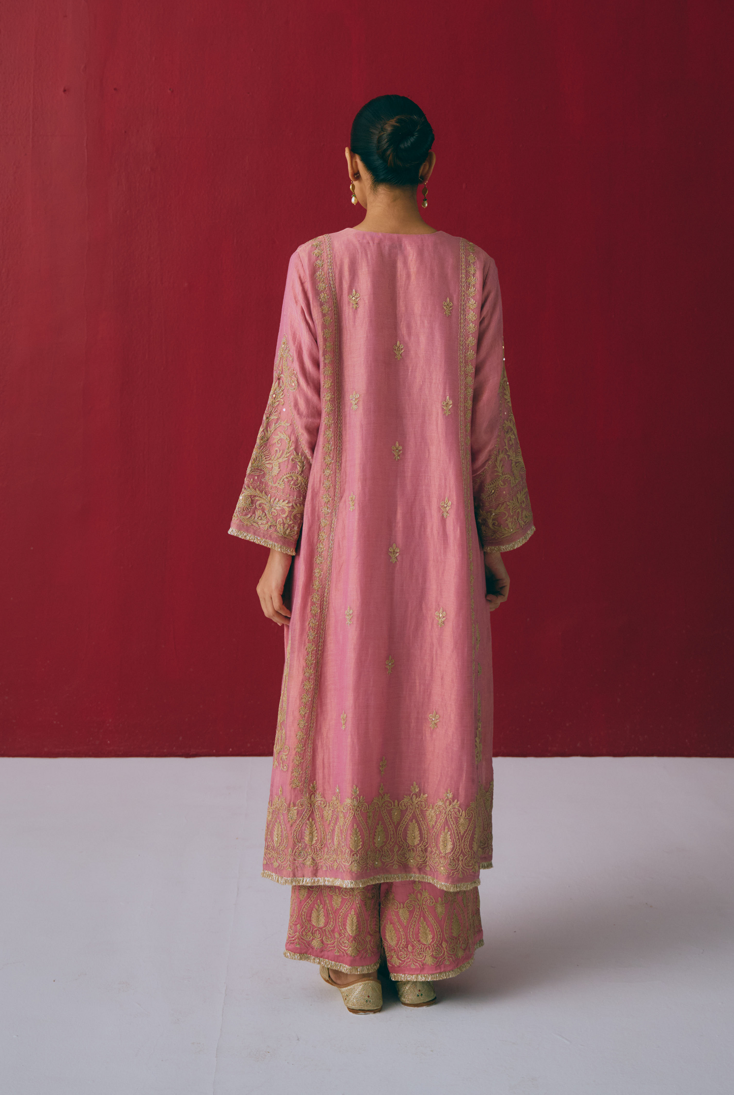 Dusty Rose Tissue Maheshwari Kurta Set with Dabka Embroidery