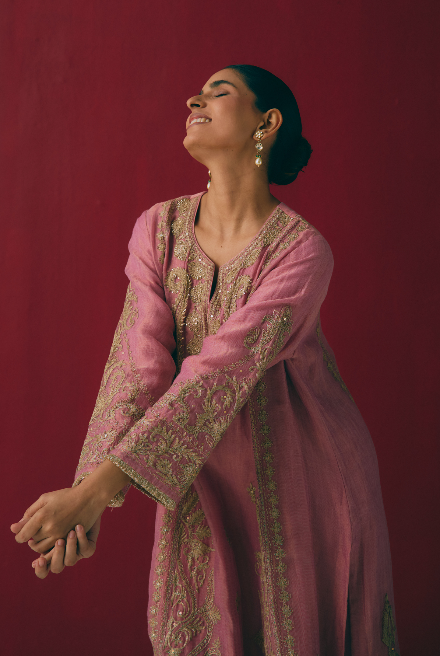 Dusty Rose Tissue Maheshwari Kurta Set with Dabka Embroidery
