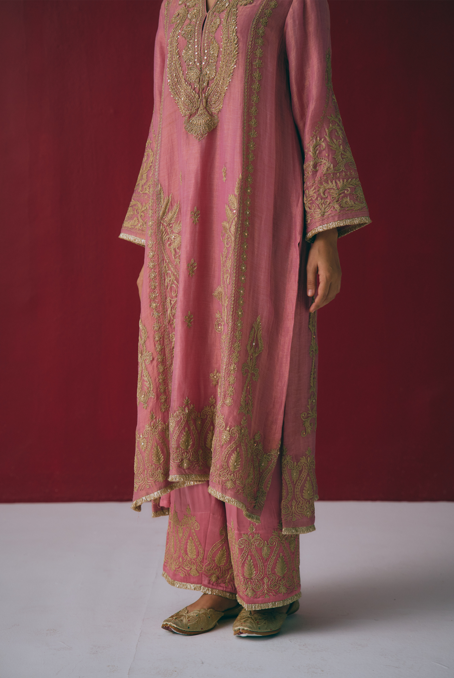 Dusty Rose Tissue Maheshwari Kurta Set with Dabka Embroidery