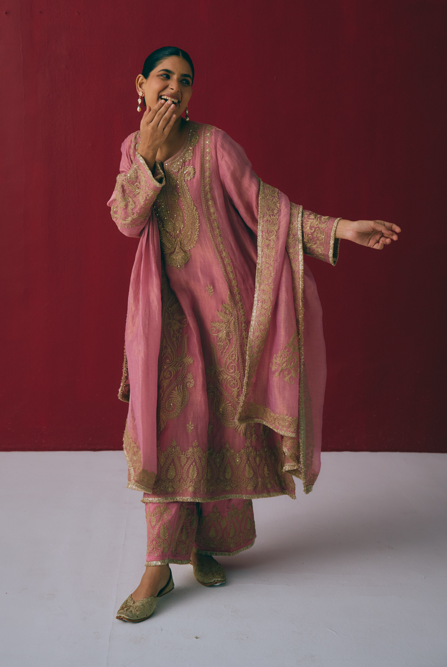 Dusty Rose Tissue Maheshwari Kurta Set with Dabka Embroidery