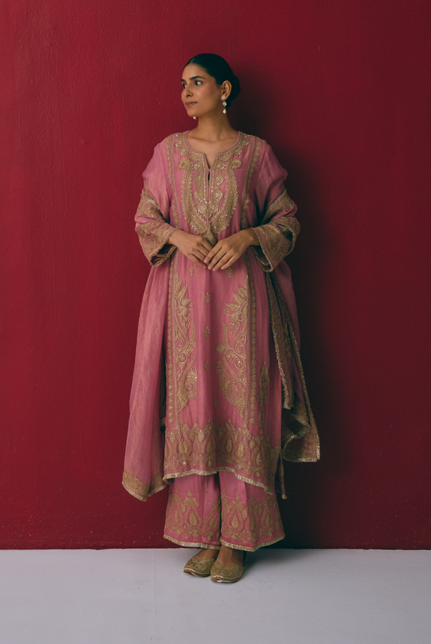 Dusty Rose Tissue Maheshwari Kurta Set with Dabka Embroidery