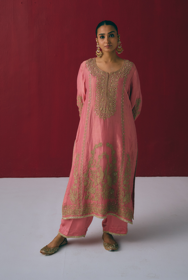 Coral Tissue Maheshwari Kurta Set with Dori & Dabka Embroidery