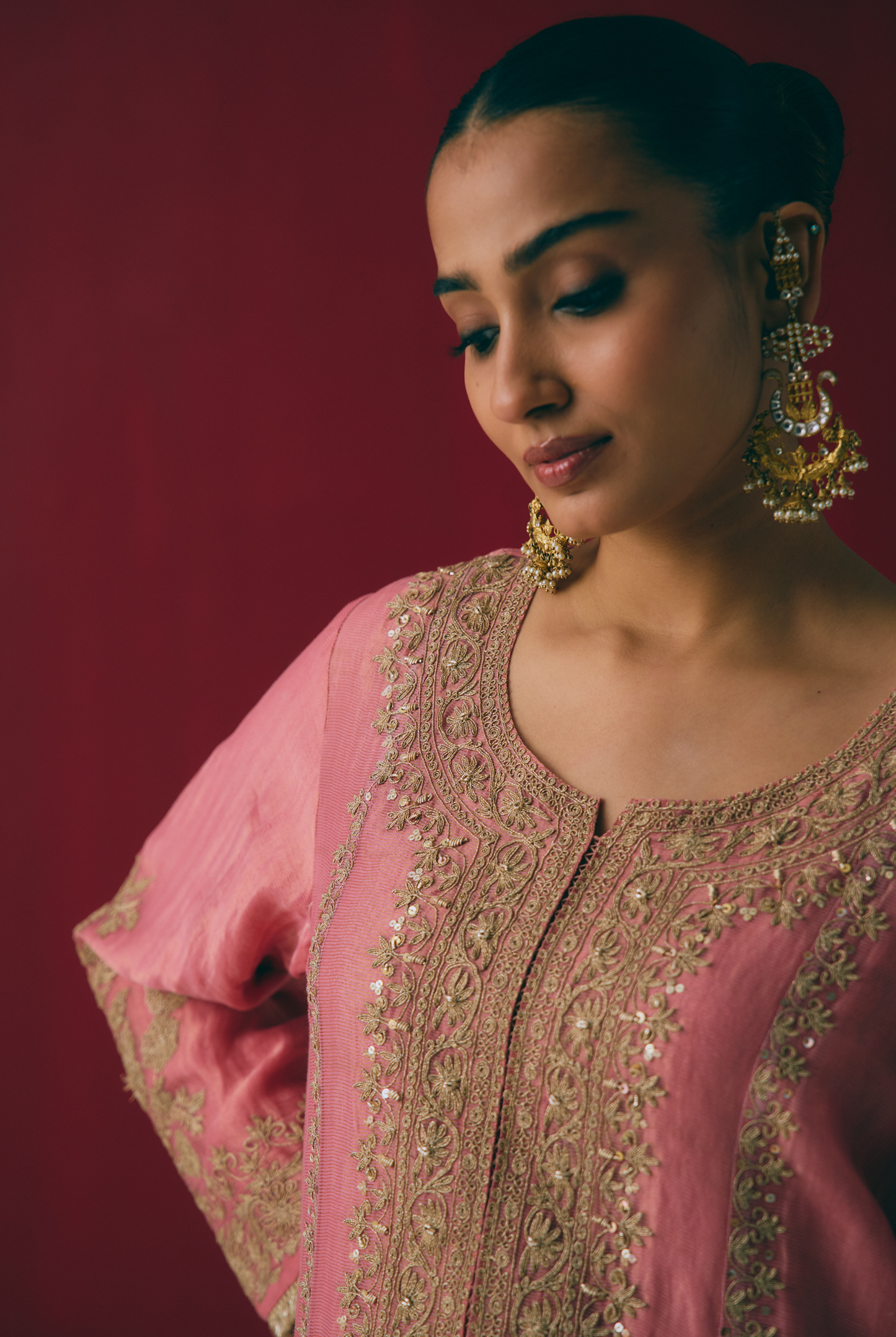 Coral Tissue Maheshwari Kurta Set with Dori & Dabka Embroidery