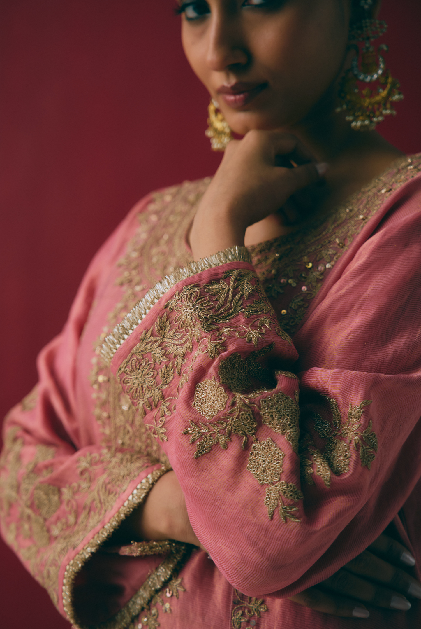 Coral Tissue Maheshwari Kurta Set with Dori & Dabka Embroidery