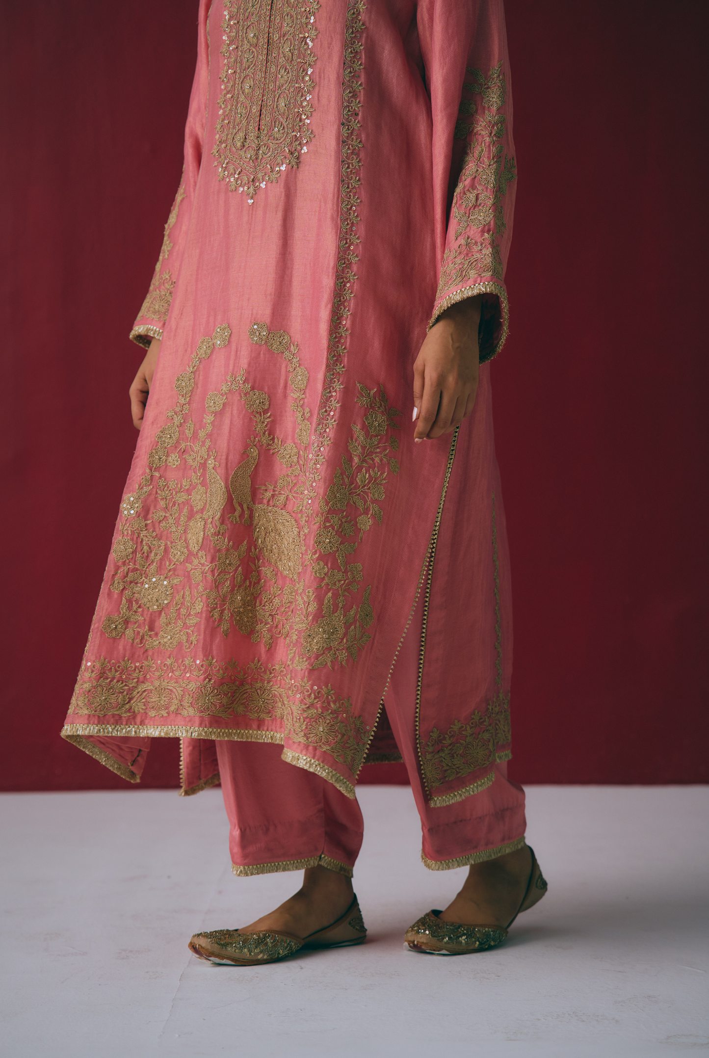 Coral Tissue Maheshwari Kurta Set with Dori & Dabka Embroidery