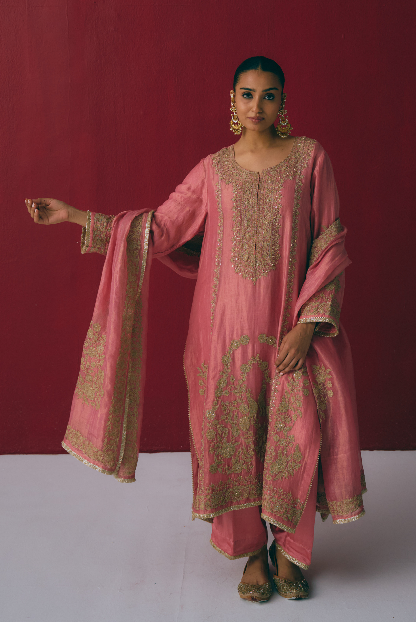 Coral Tissue Maheshwari Kurta Set with Dori & Dabka Embroidery