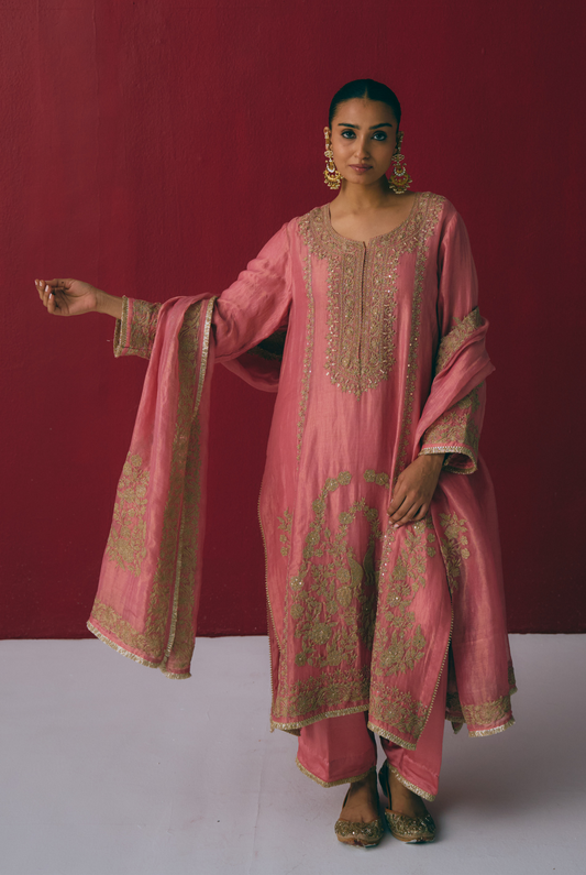 Coral Tissue Maheshwari Kurta Set with Dori & Dabka Embroidery