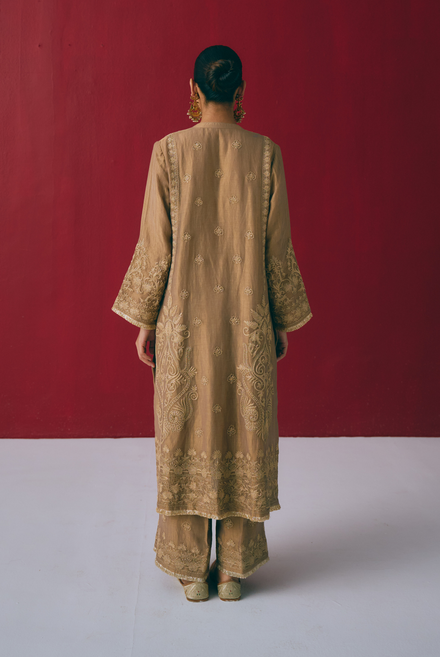 Hazelnut Tissue Chanderi Kurta Set with Dori & Dabka Embroidery