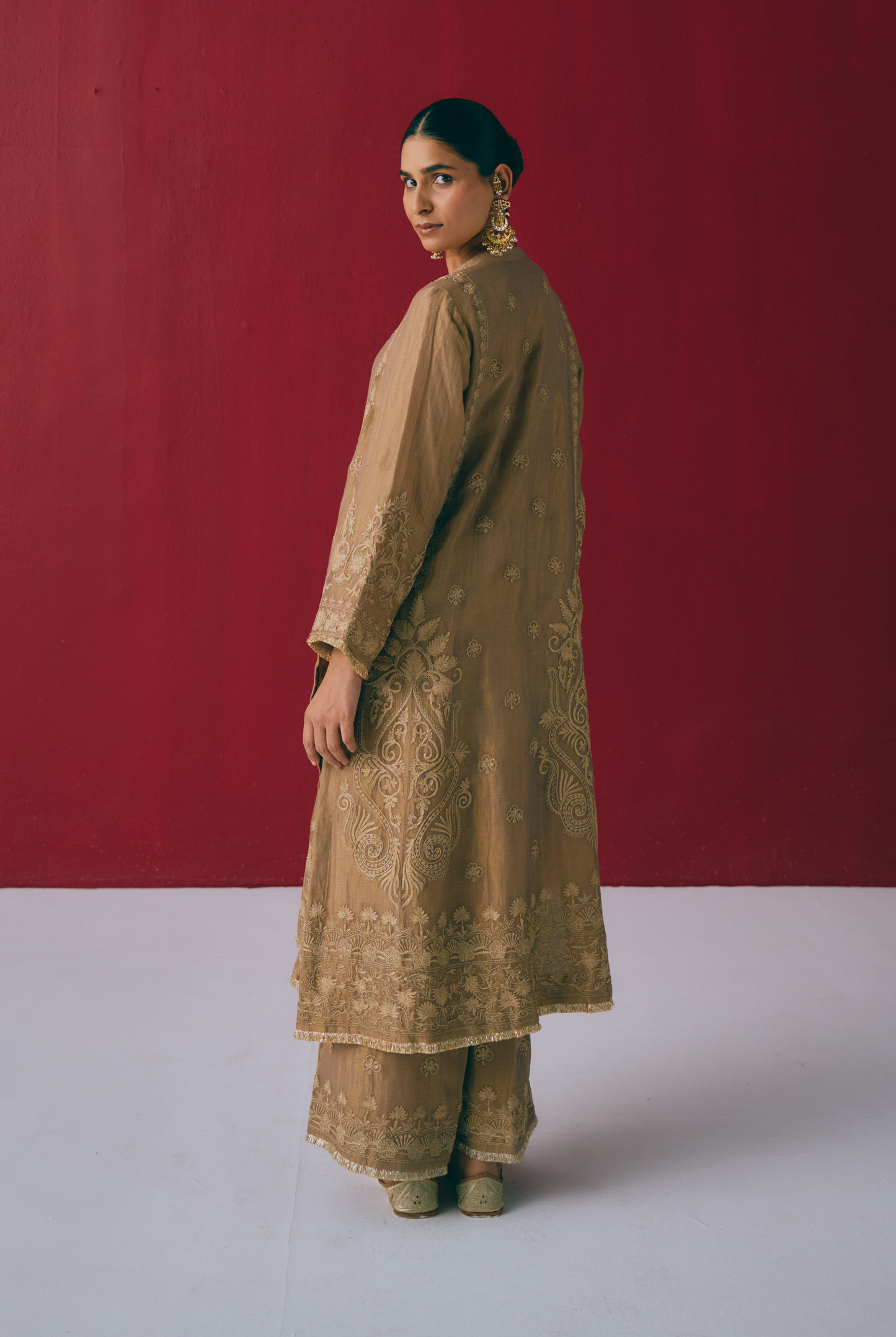 Hazelnut Tissue Chanderi Kurta Set with Dori & Dabka Embroidery