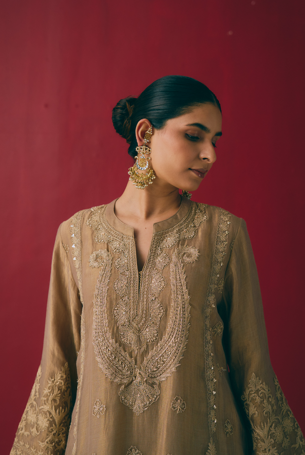 Hazelnut Tissue Chanderi Kurta Set with Dori & Dabka Embroidery