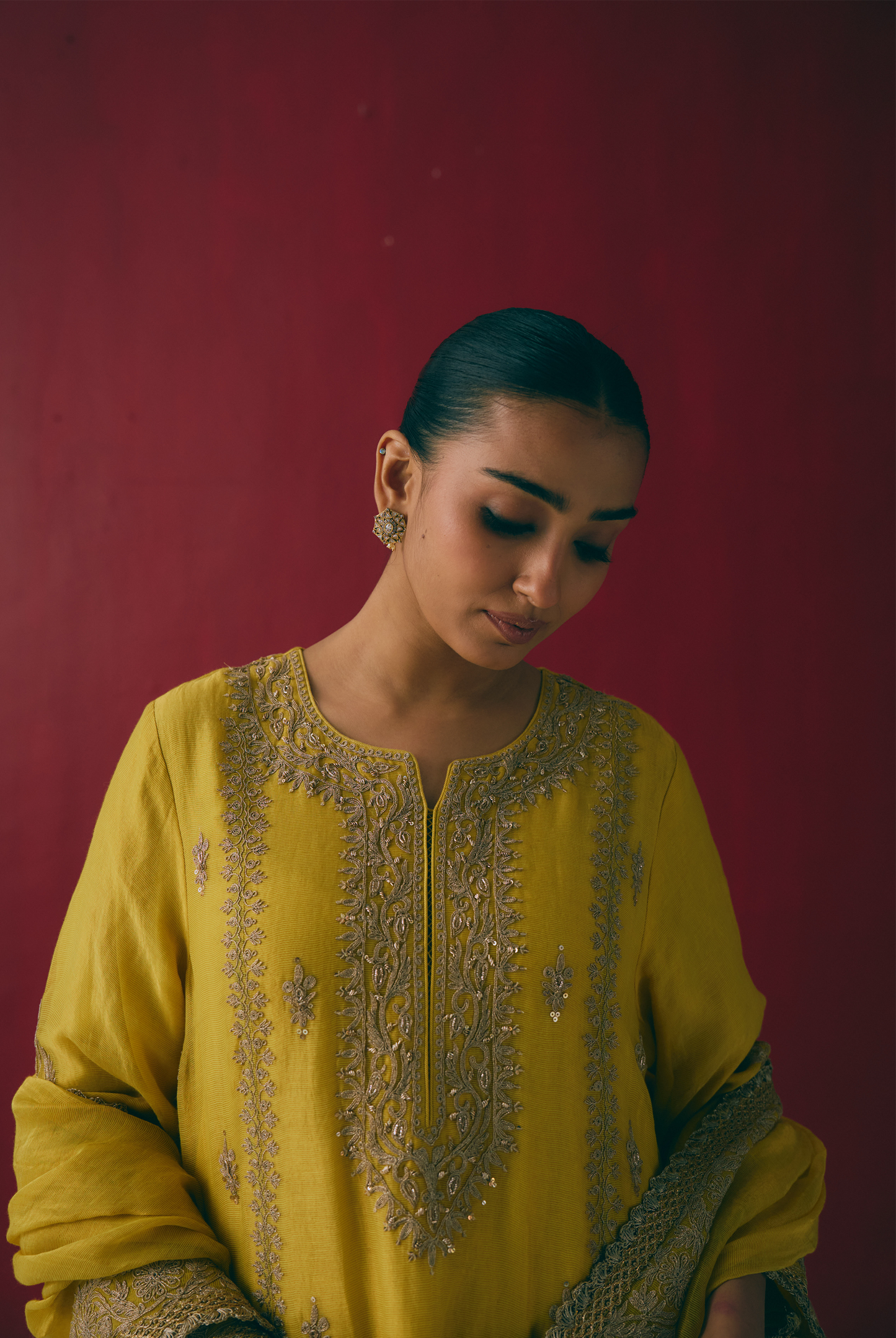 Turmeric Yellow Tissue Chanderi Kurta Set with Dori & Dabka Embroidery