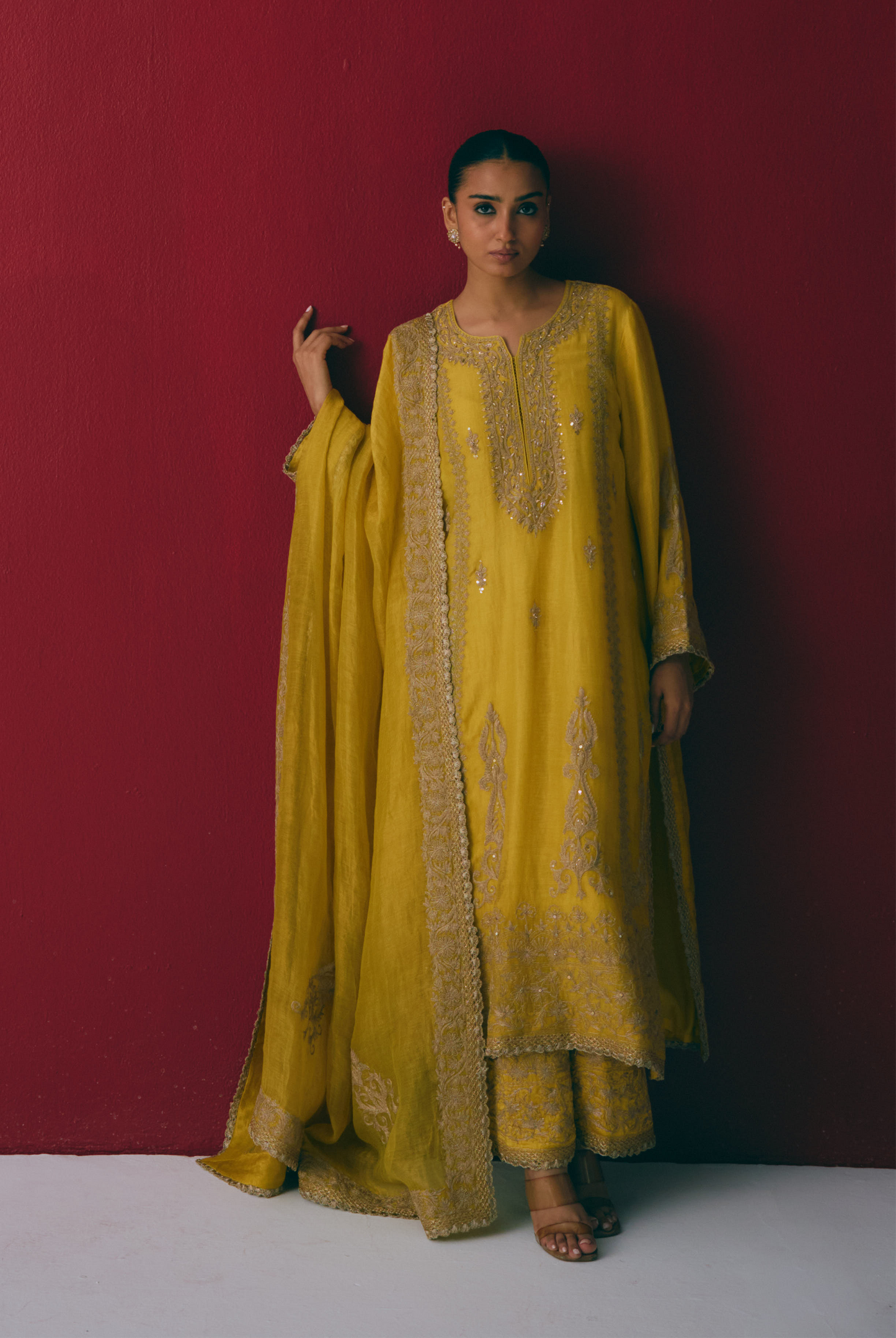 Turmeric Yellow Tissue Chanderi Kurta Set with Dori & Dabka Embroidery