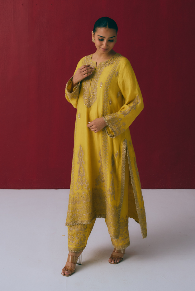 Turmeric Yellow Tissue Chanderi Kurta Set with Dori & Dabka Embroidery