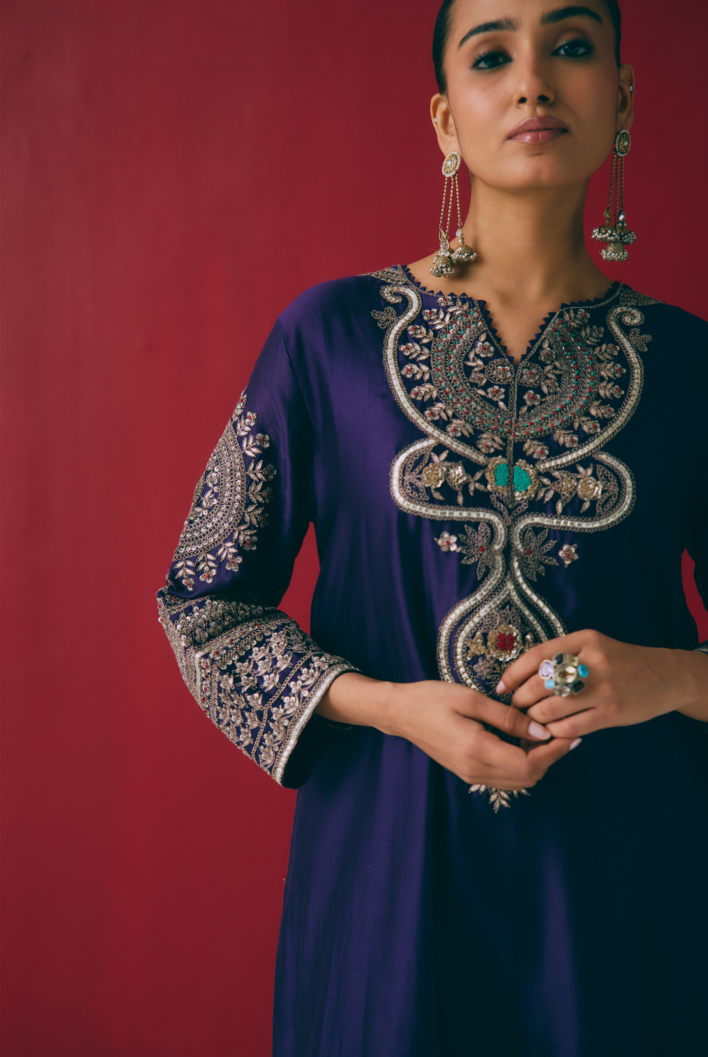 Indigo Silk Kurta Set with Beads, Gota & Zardozi Embroidery