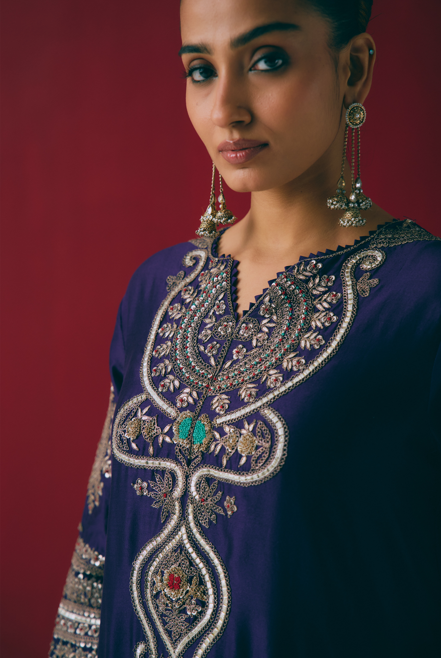 Indigo Silk Kurta Set with Beads, Gota & Zardozi Embroidery