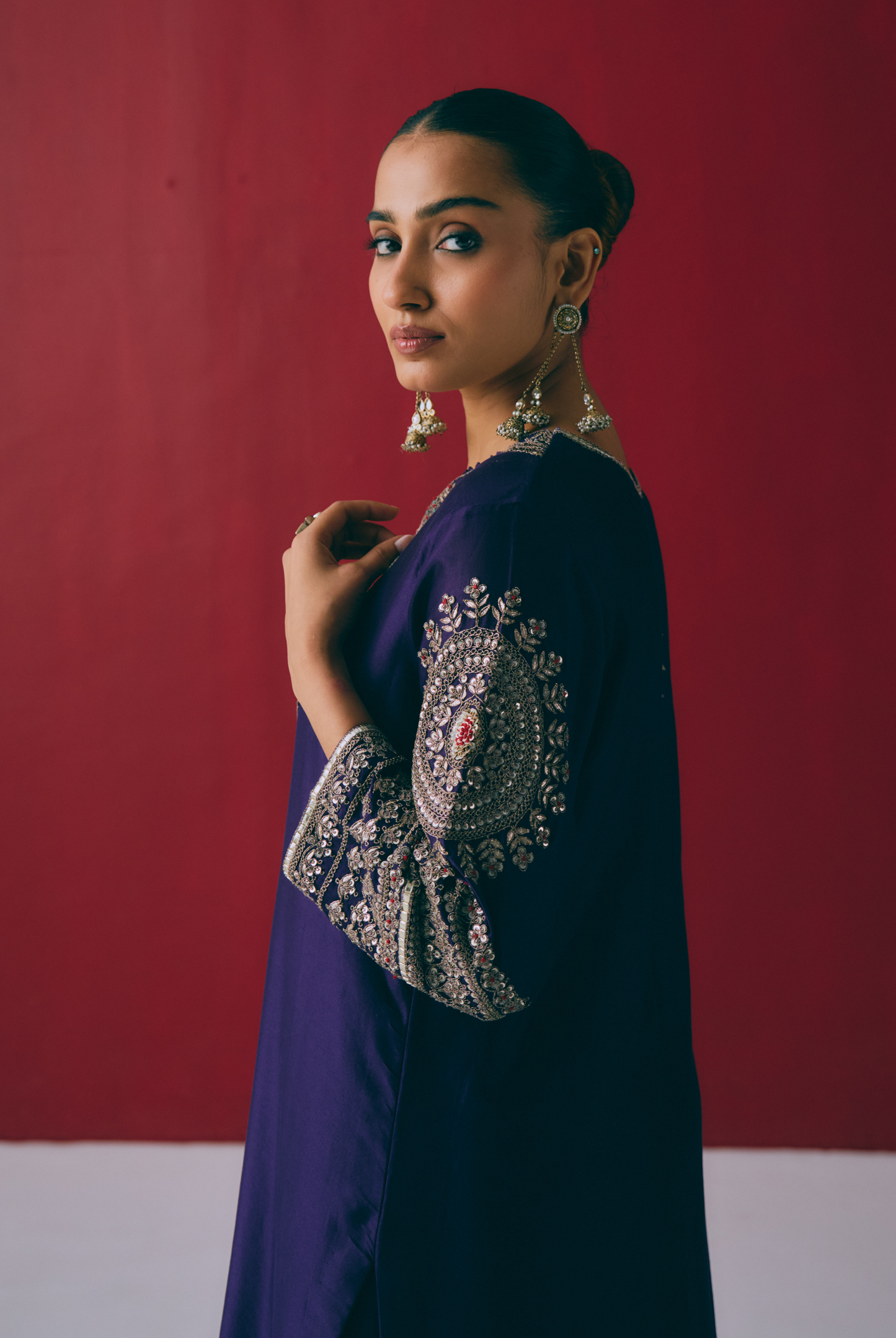 Indigo Silk Kurta Set with Beads, Gota & Zardozi Embroidery