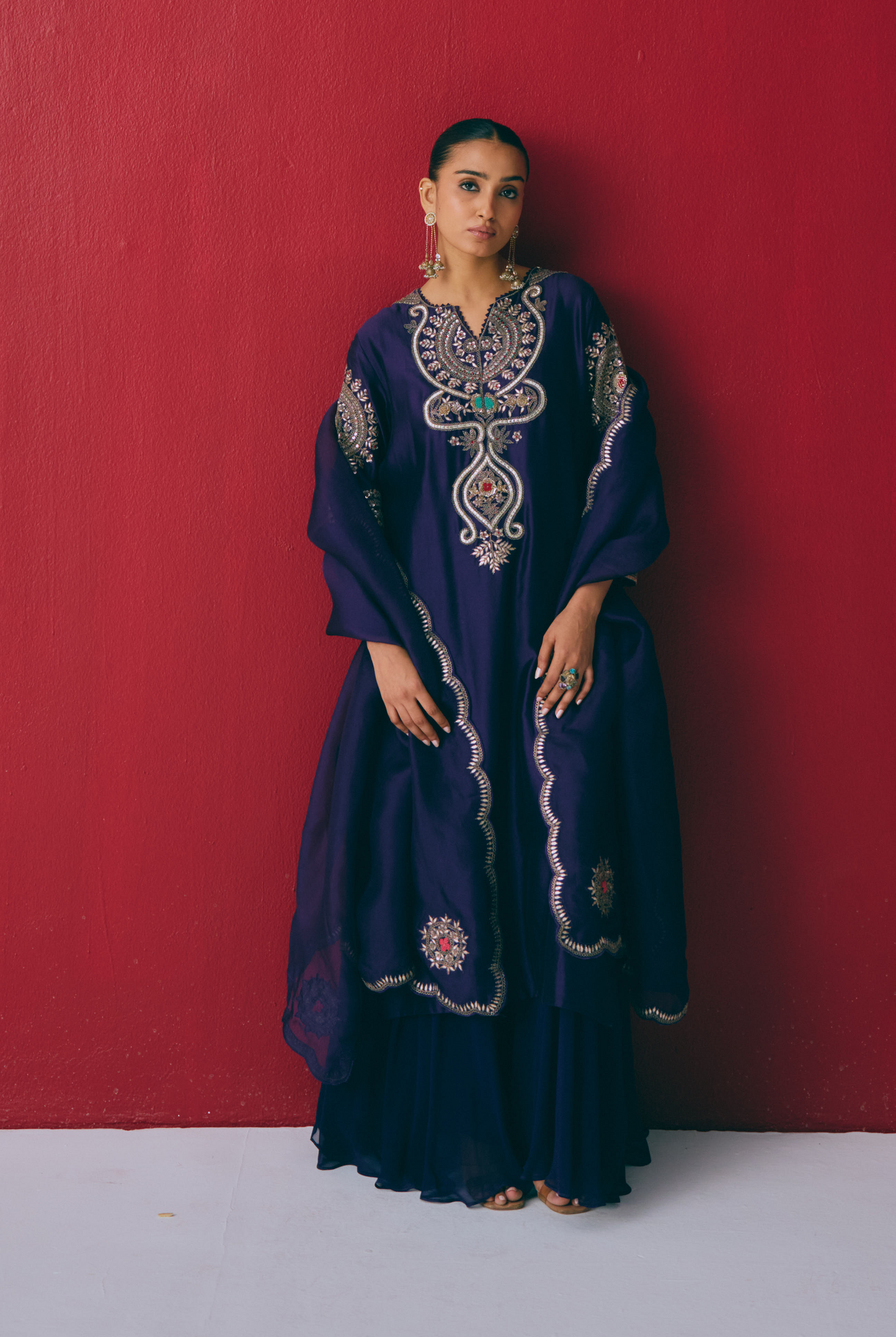 Indigo Silk Kurta Set with Beads, Gota & Zardozi Embroidery