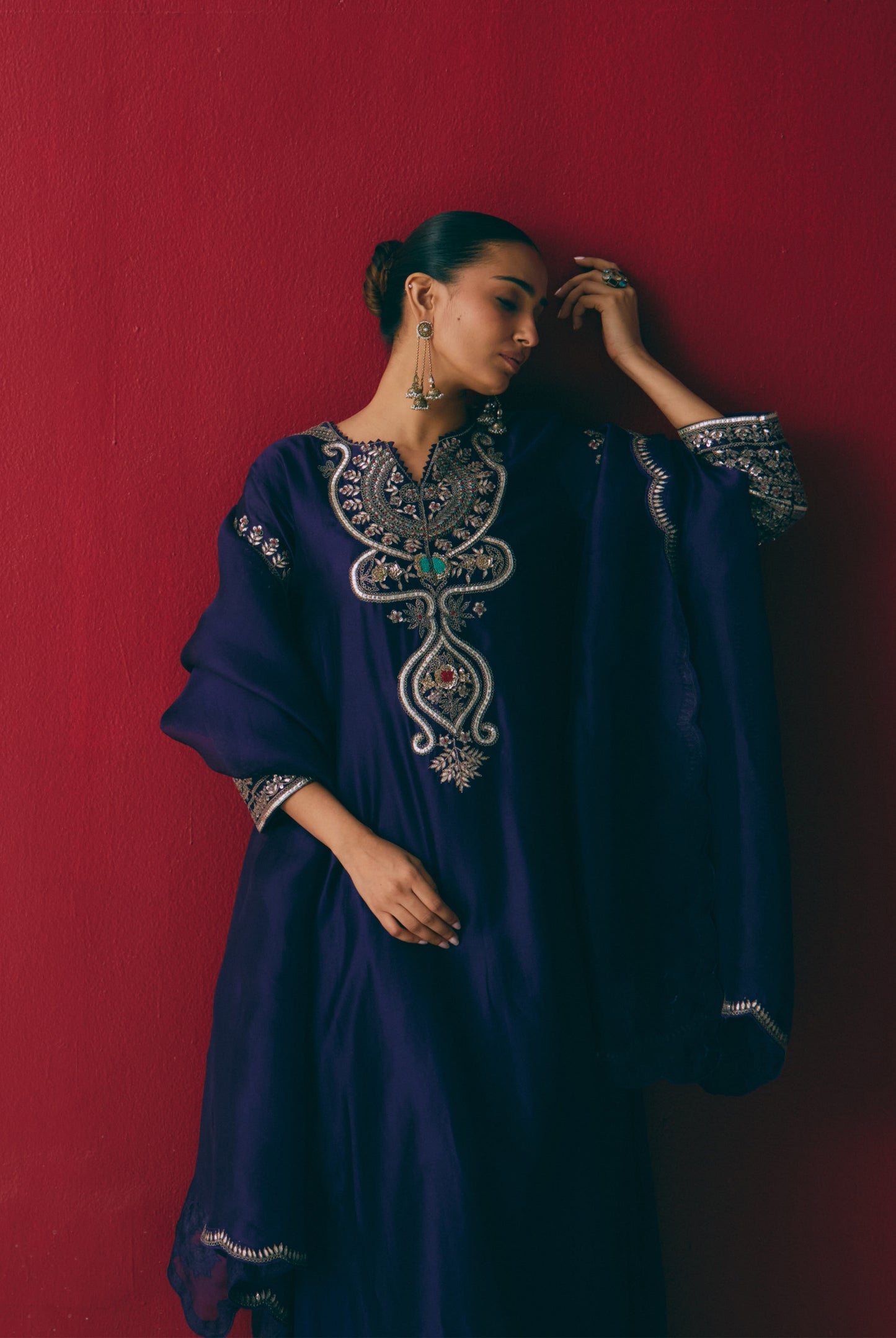 Indigo Silk Kurta Set with Beads, Gota & Zardozi Embroidery