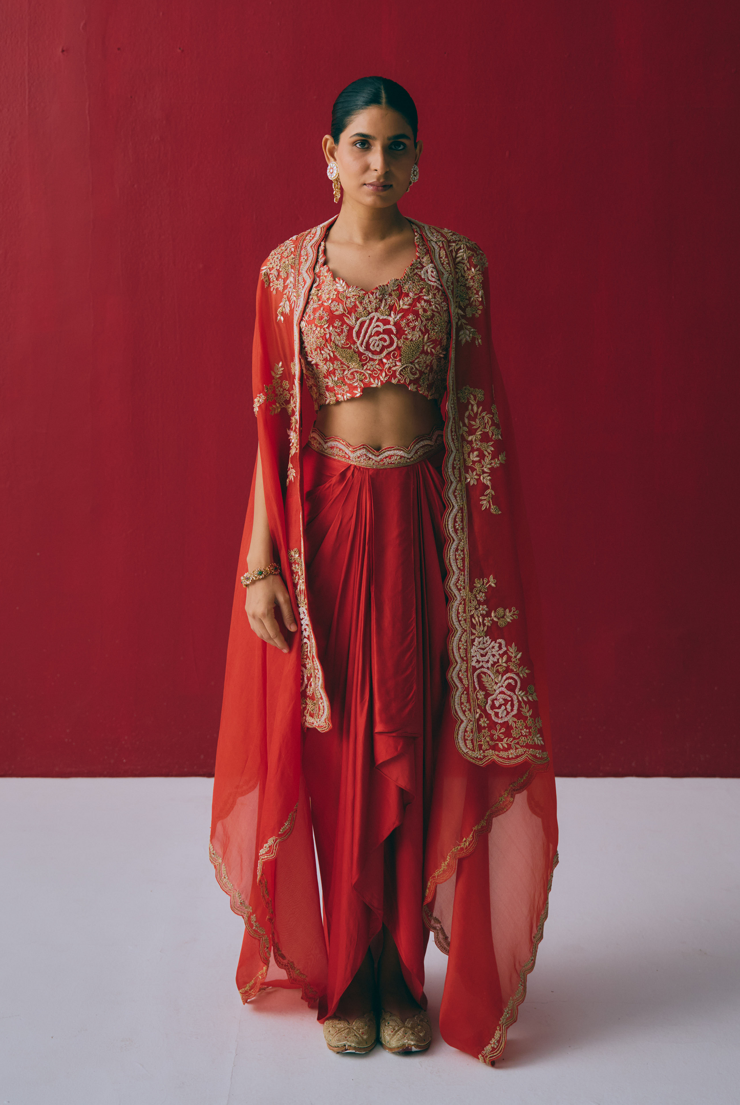 Poppy Organza Cape Set with Dabka & Zardozi Embroidery