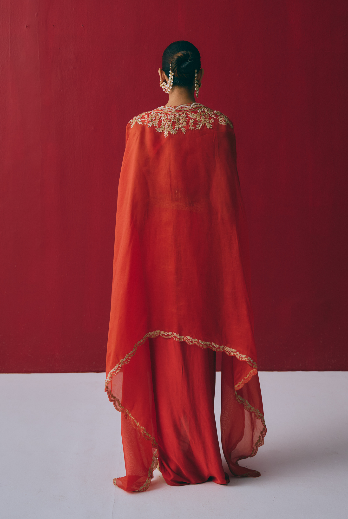 Poppy Organza Cape Set with Dabka & Zardozi Embroidery