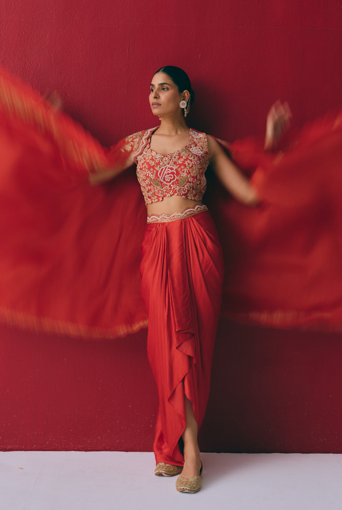 Poppy Organza Cape Set with Dabka & Zardozi Embroidery