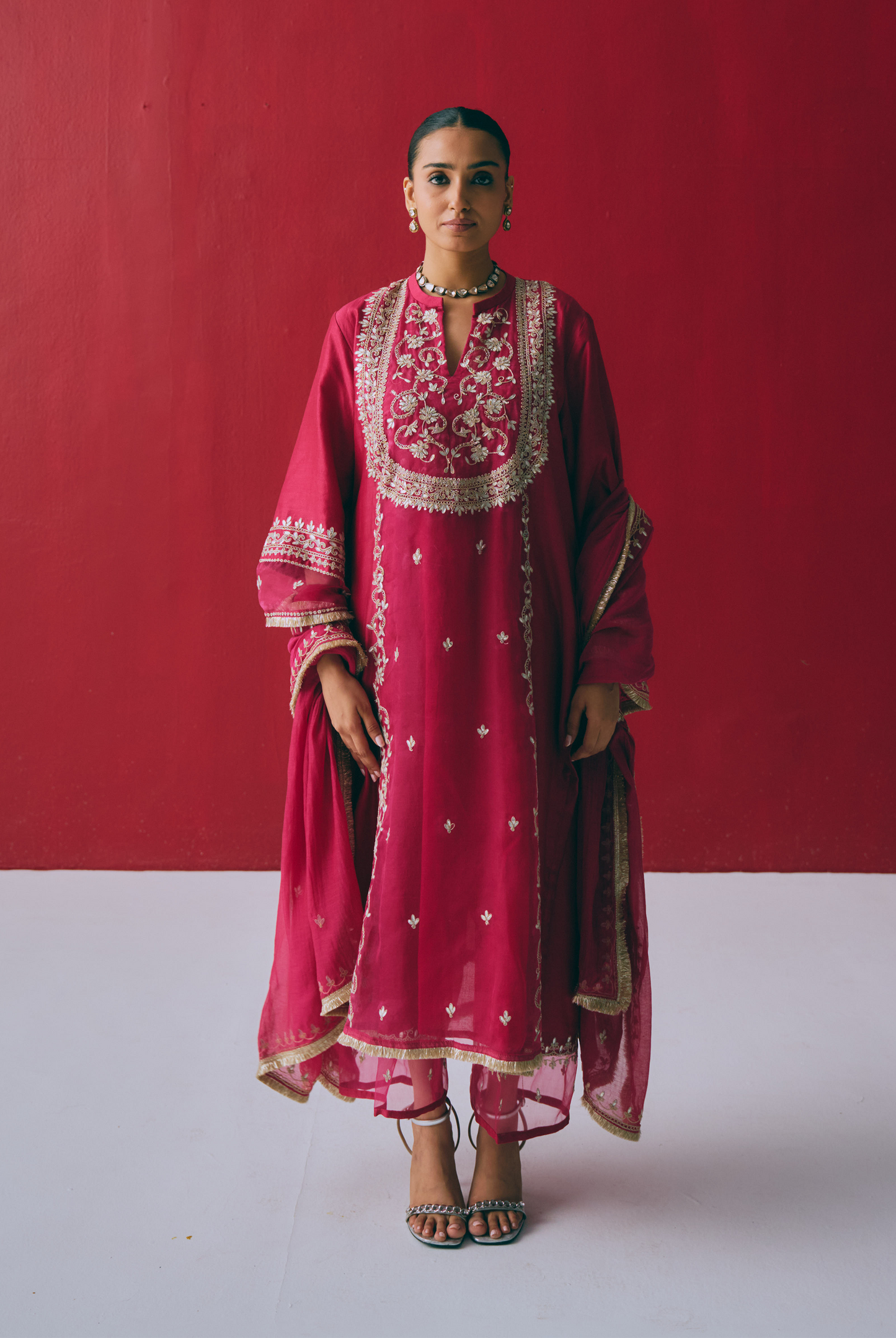 Berry Chanderi Kurta Set with Gota & Dori Embroidery