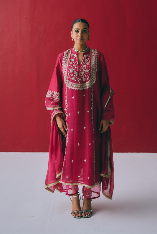 Berry Chanderi Kurta Set with Gota & Dori Embroidery