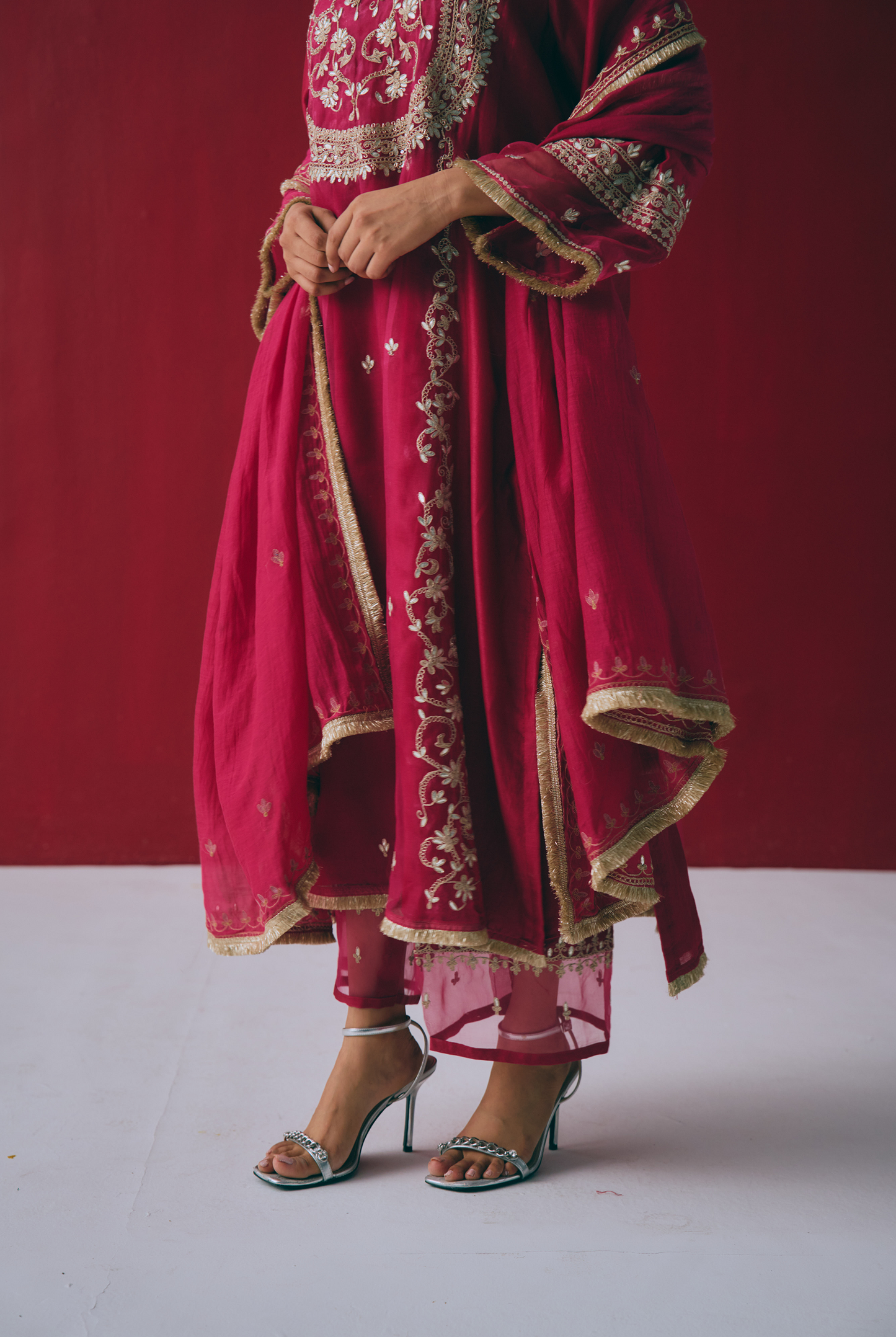 Berry Chanderi Kurta Set with Gota & Dori Embroidery