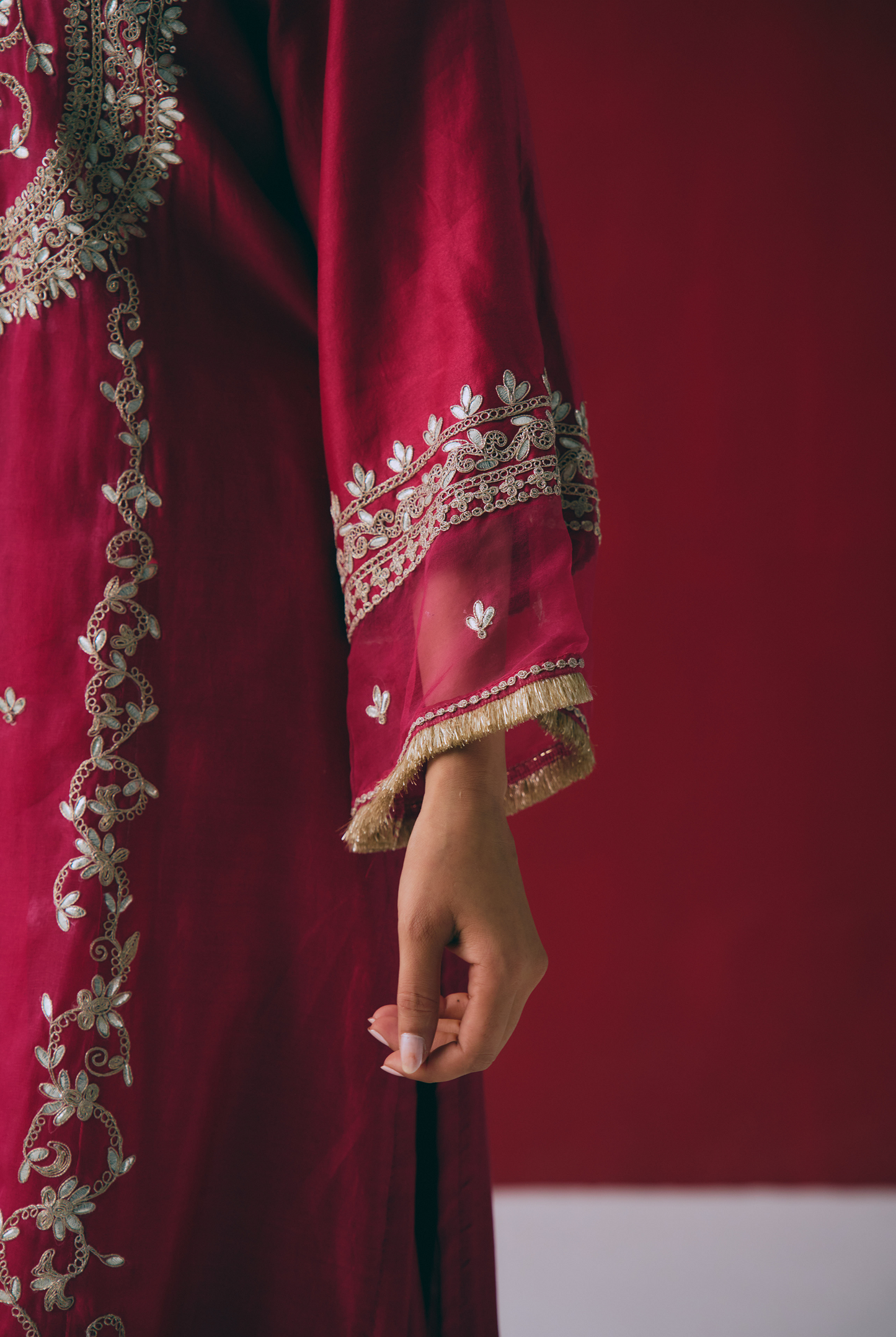 Berry Chanderi Kurta Set with Gota & Dori Embroidery