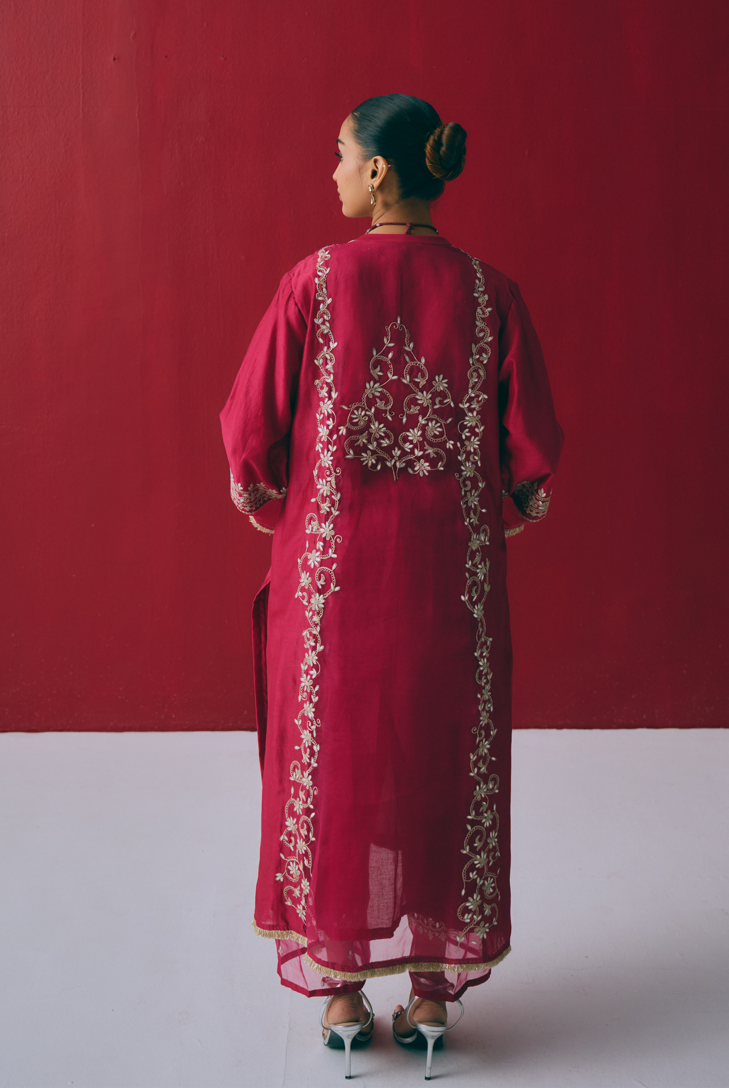 Berry Chanderi Kurta Set with Gota & Dori Embroidery