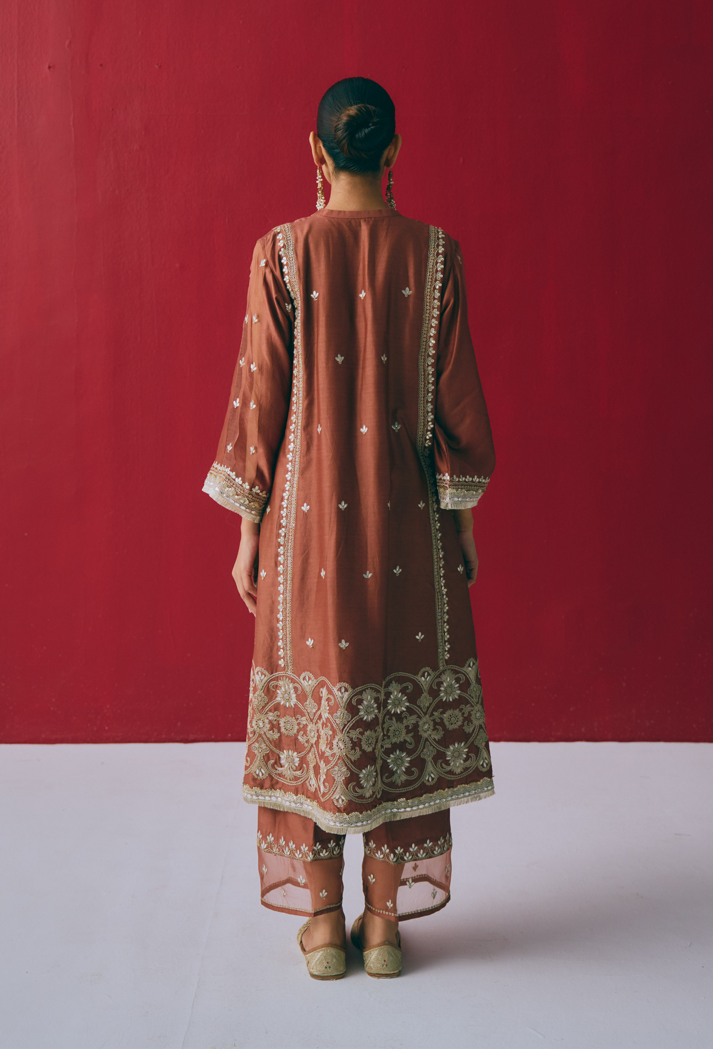 Cinnamon Chanderi Silk Kurta Set with Dori & Gota Embroidery