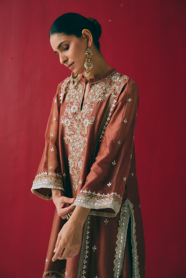 Cinnamon Chanderi Silk Kurta Set with Dori & Gota Embroidery