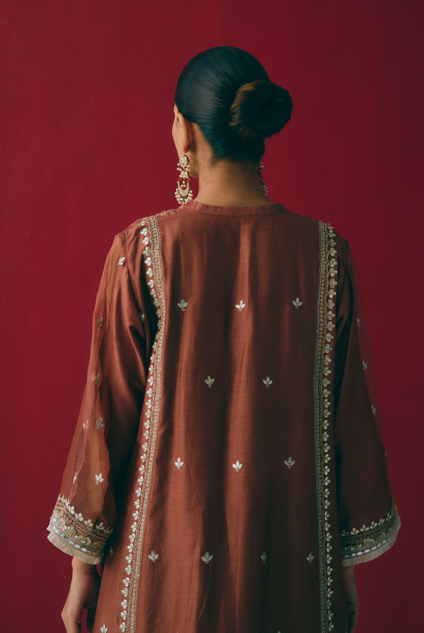 Cinnamon Chanderi Silk Kurta Set with Dori & Gota Embroidery
