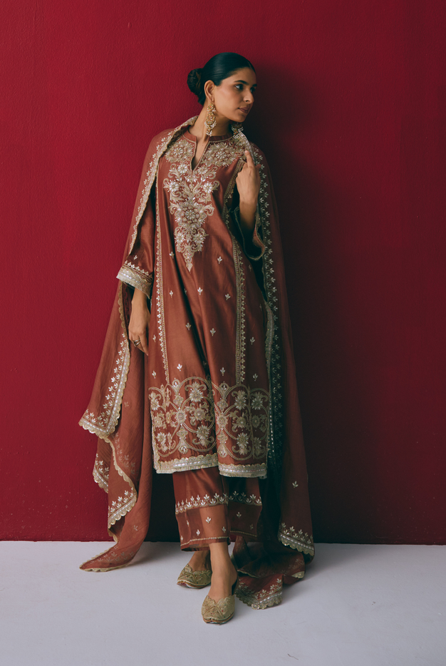 Cinnamon Chanderi Silk Kurta Set with Dori & Gota Embroidery