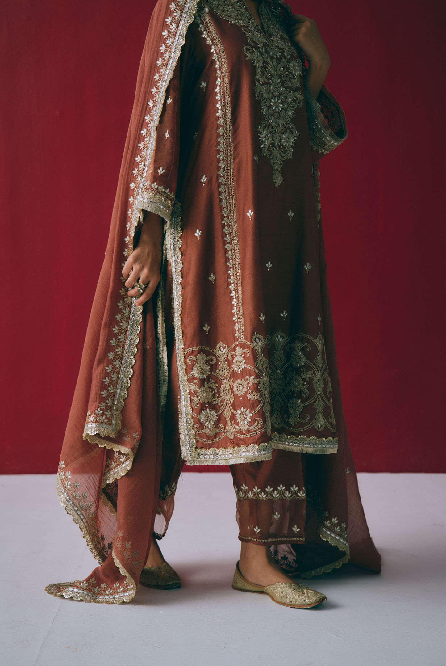 Cinnamon Chanderi Silk Kurta Set with Dori & Gota Embroidery