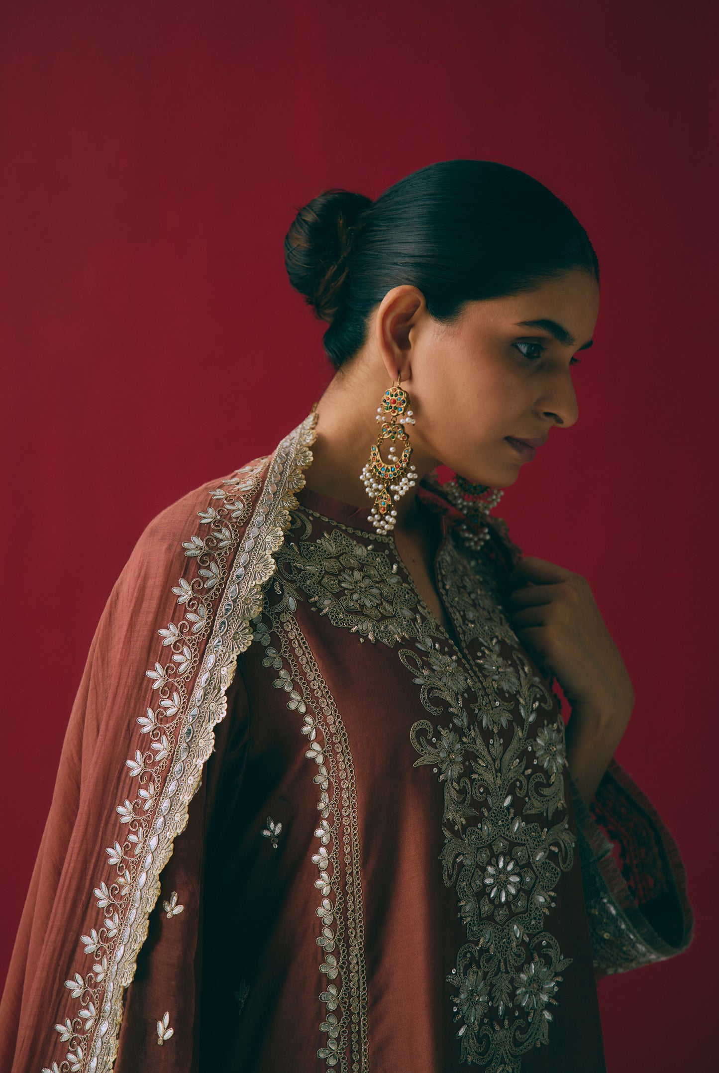 Cinnamon Chanderi Silk Kurta Set with Dori & Gota Embroidery