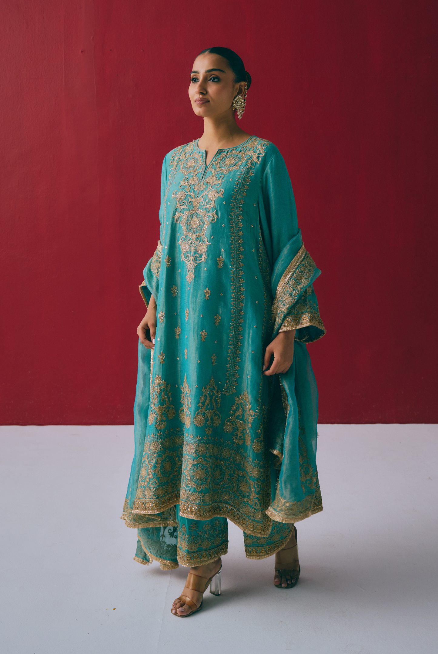 Lagoon Tissue Maheshwari Kurta Set with Dabka & Sitara Embroidery