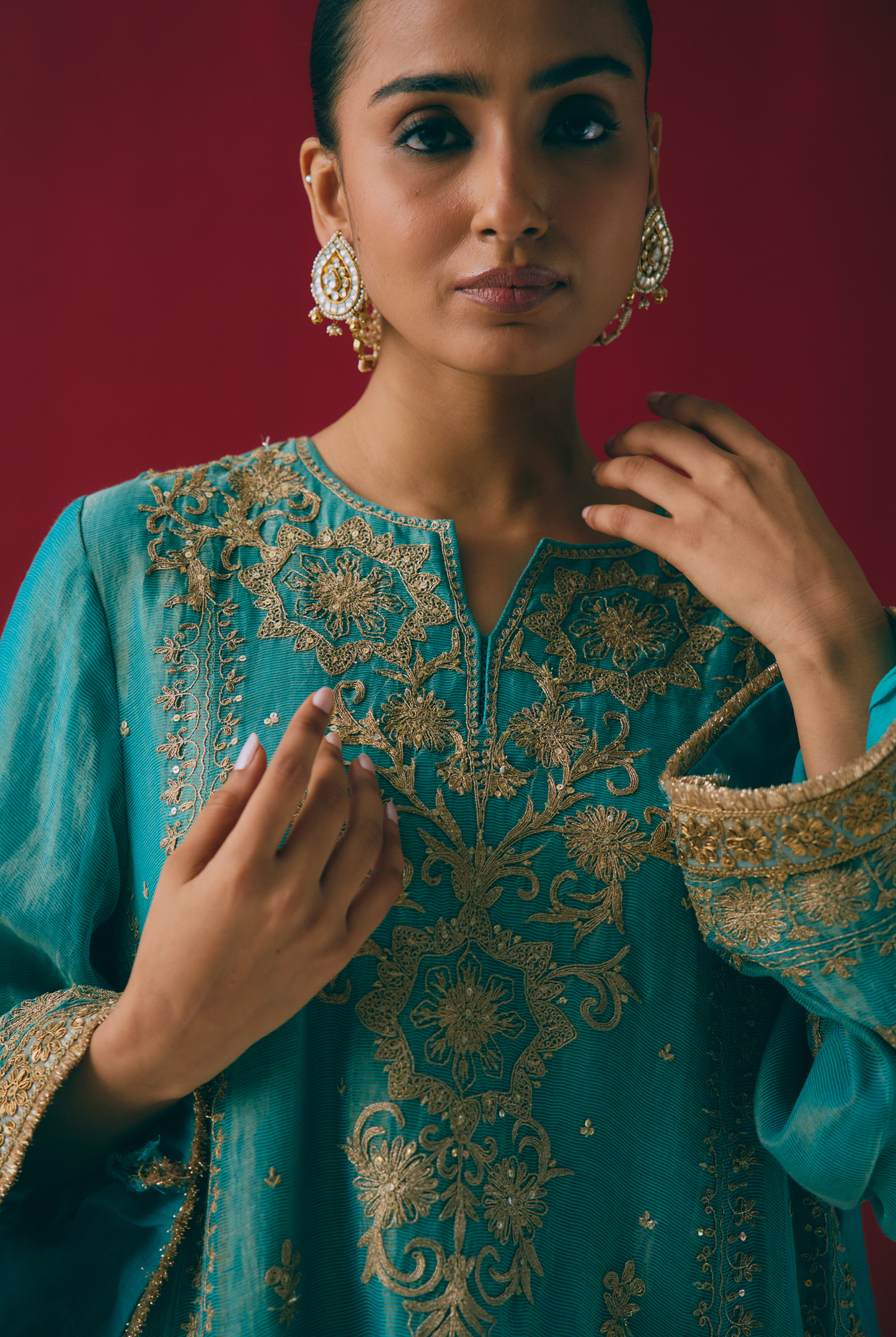 Lagoon Tissue Maheshwari Kurta Set with Dabka & Sitara Embroidery