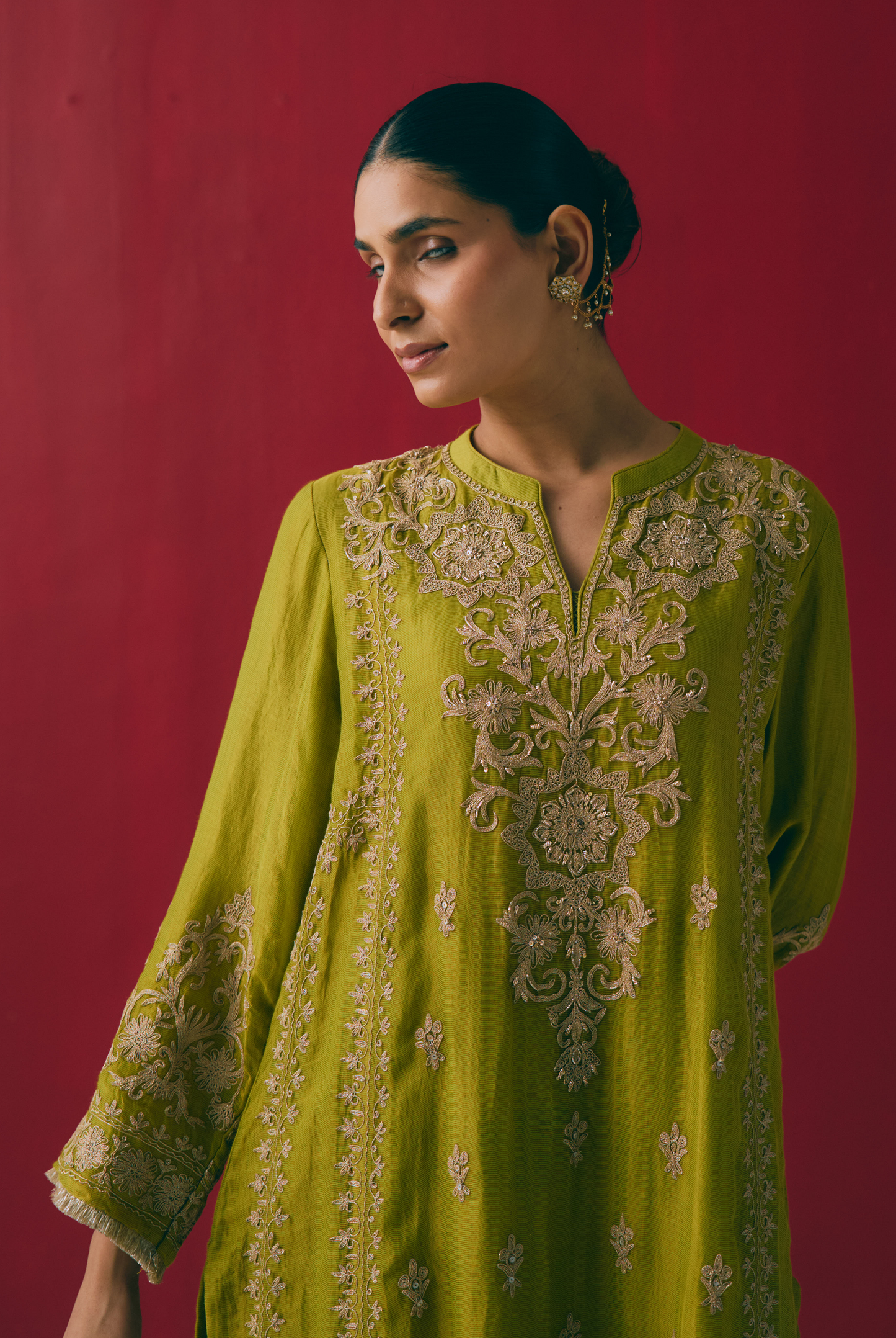 Fern Tissue Maheshwari Kurta Set with Dabka & Sitara Embroidery