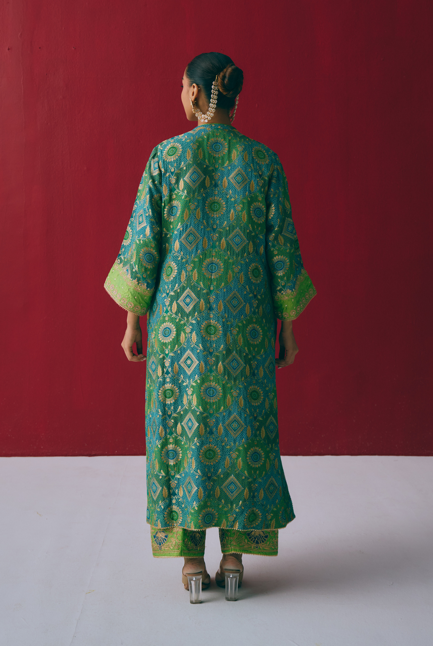 Teal & Green Banarasi Georgette Kurta Set with Dabka & Gota Embroidery