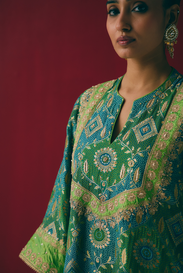 Teal & Green Banarasi Georgette Kurta Set with Dabka & Gota Embroidery
