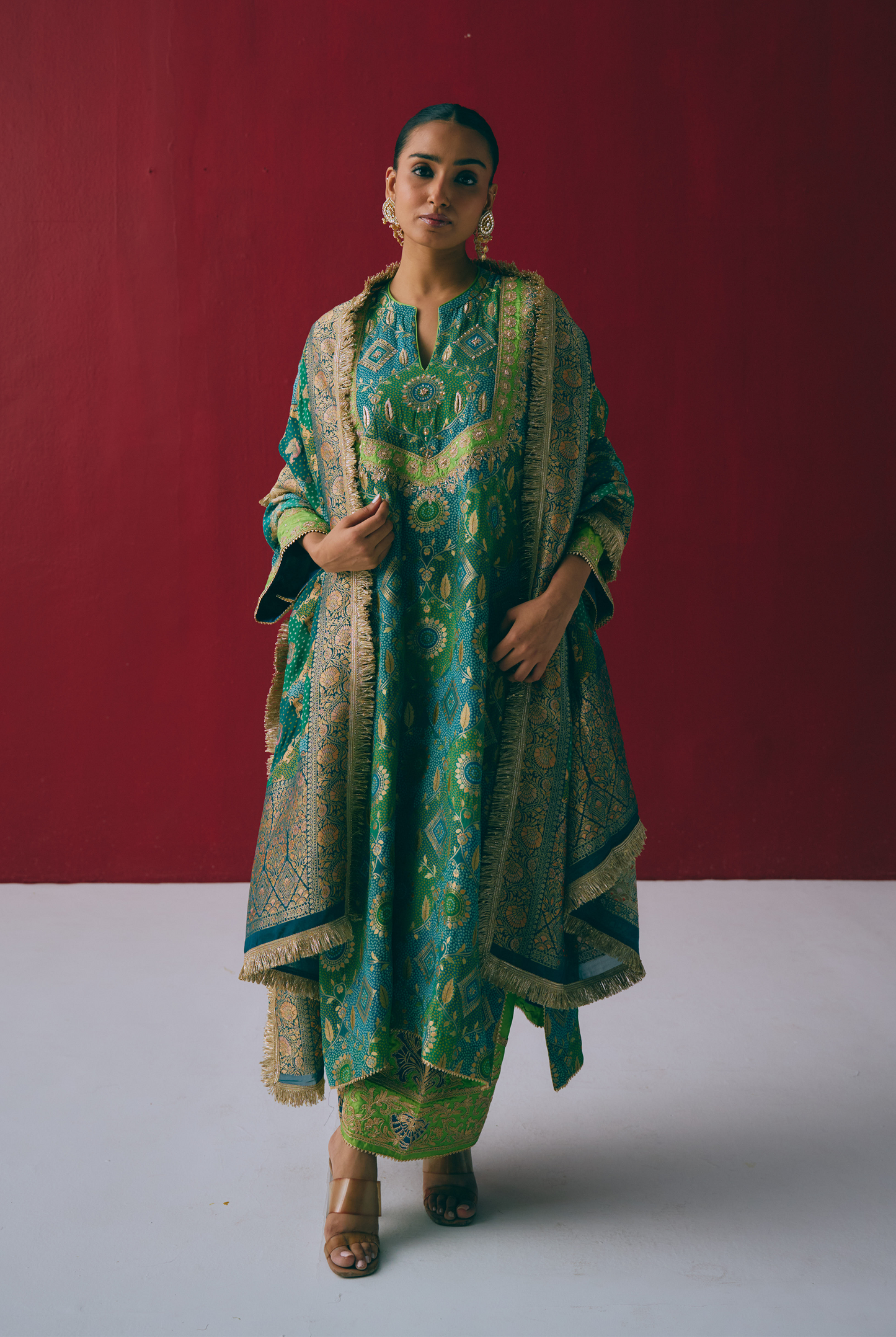 Teal & Green Banarasi Georgette Kurta Set with Dabka & Gota Embroidery