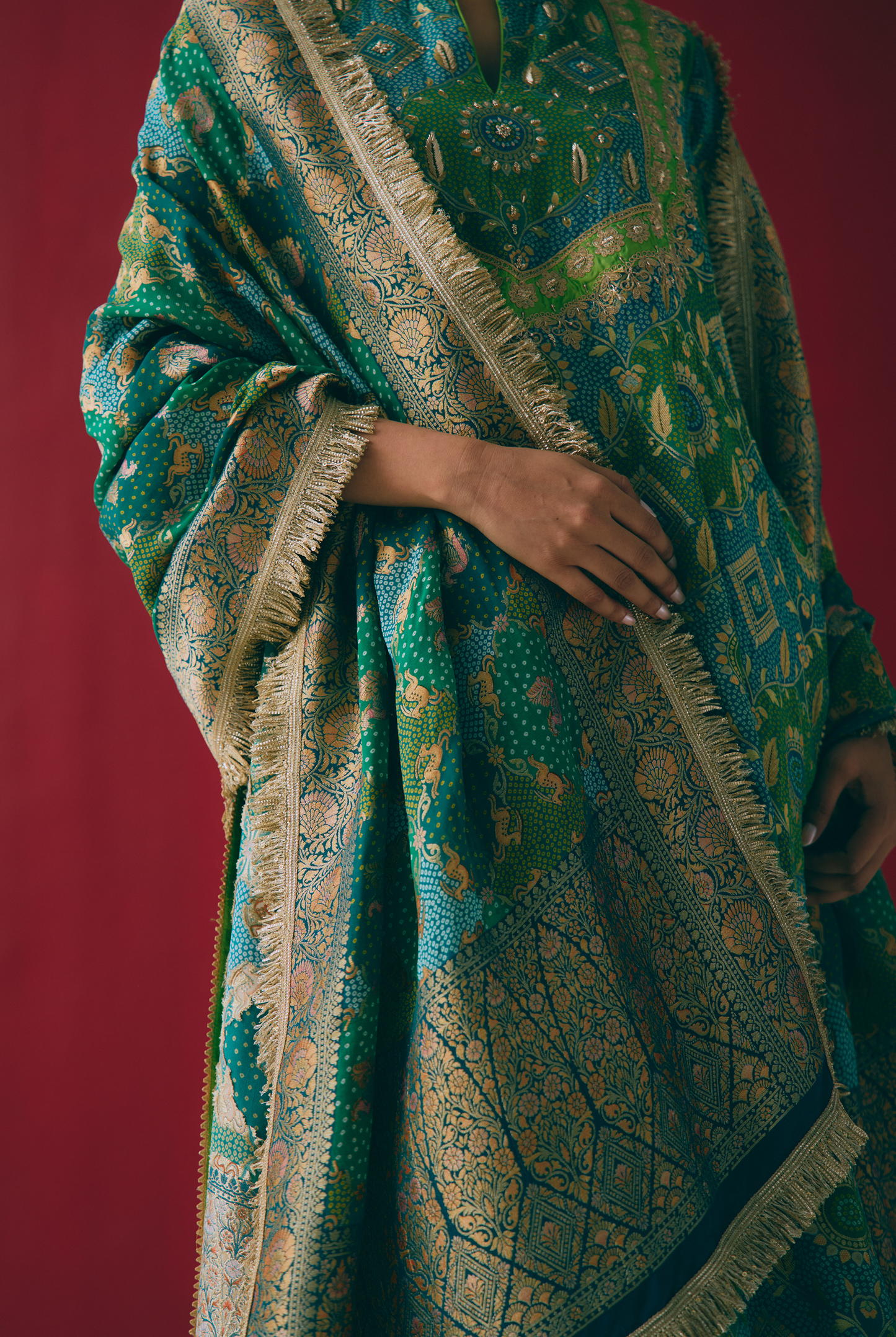 Teal & Green Banarasi Georgette Kurta Set with Dabka & Gota Embroidery