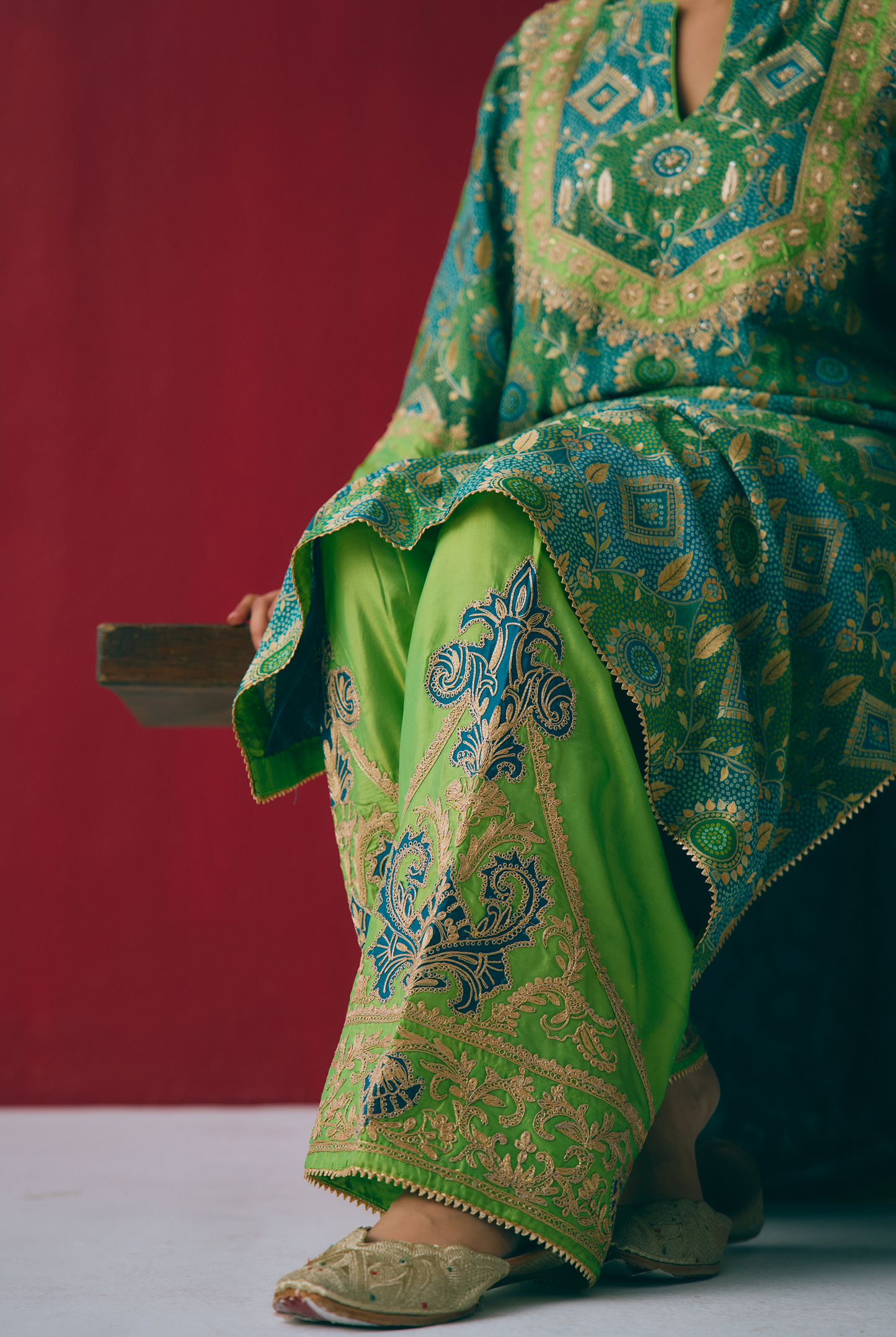 Teal & Green Banarasi Georgette Kurta Set with Dabka & Gota Embroidery
