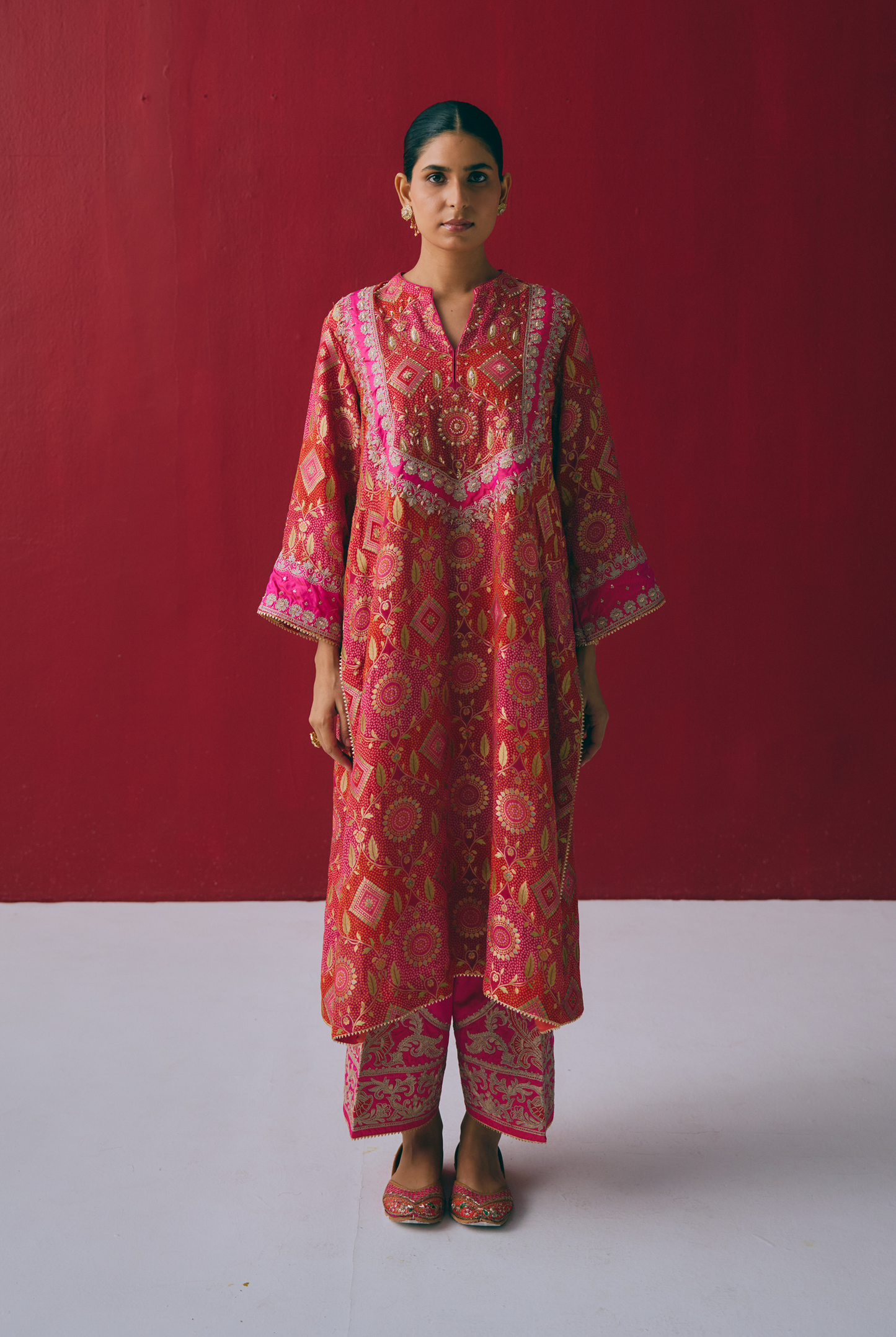 Red & Pink Banarasi Georgette Kurta Set with Dabka & Gota Embroidery