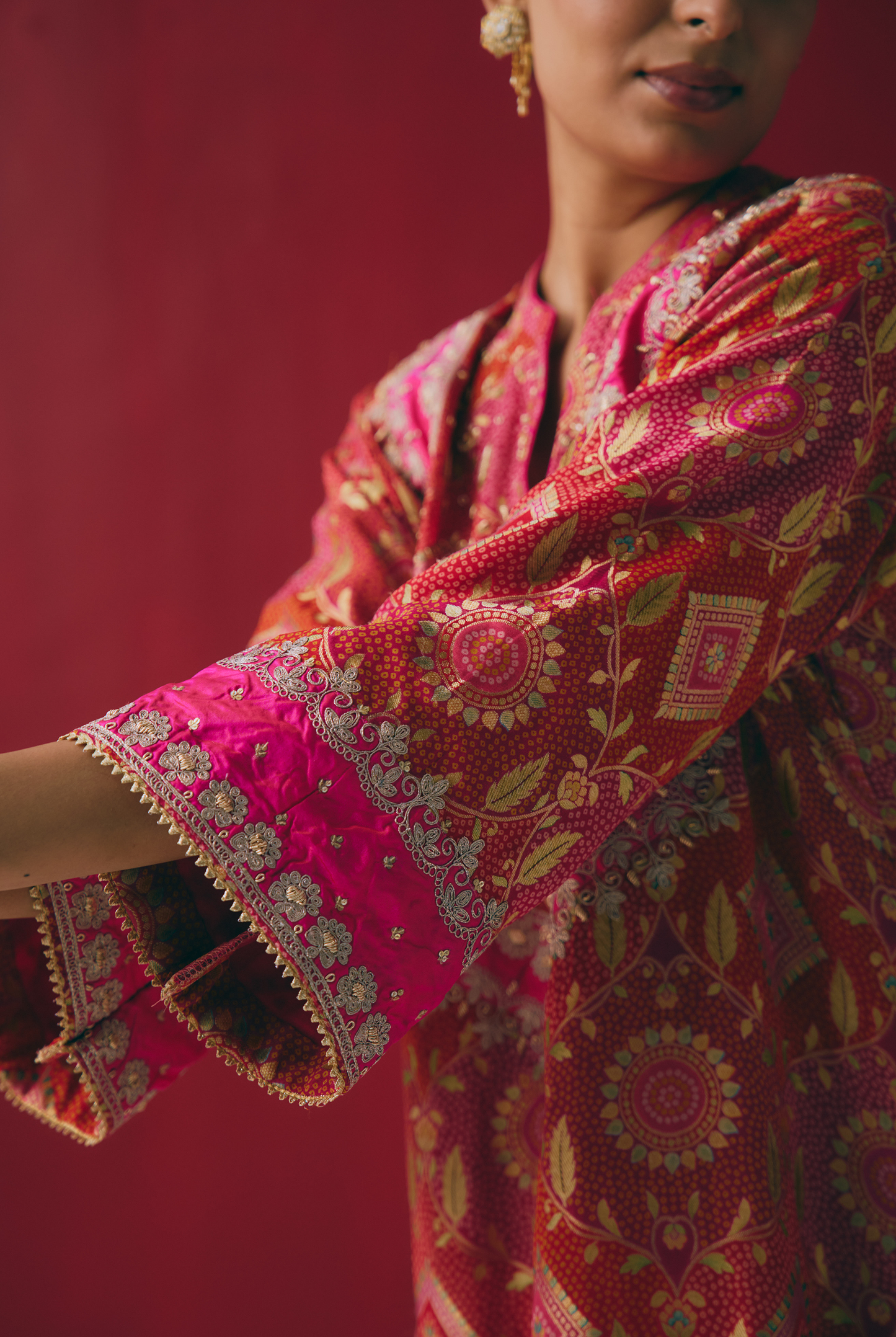 Red & Pink Banarasi Georgette Kurta Set with Dabka & Gota Embroidery
